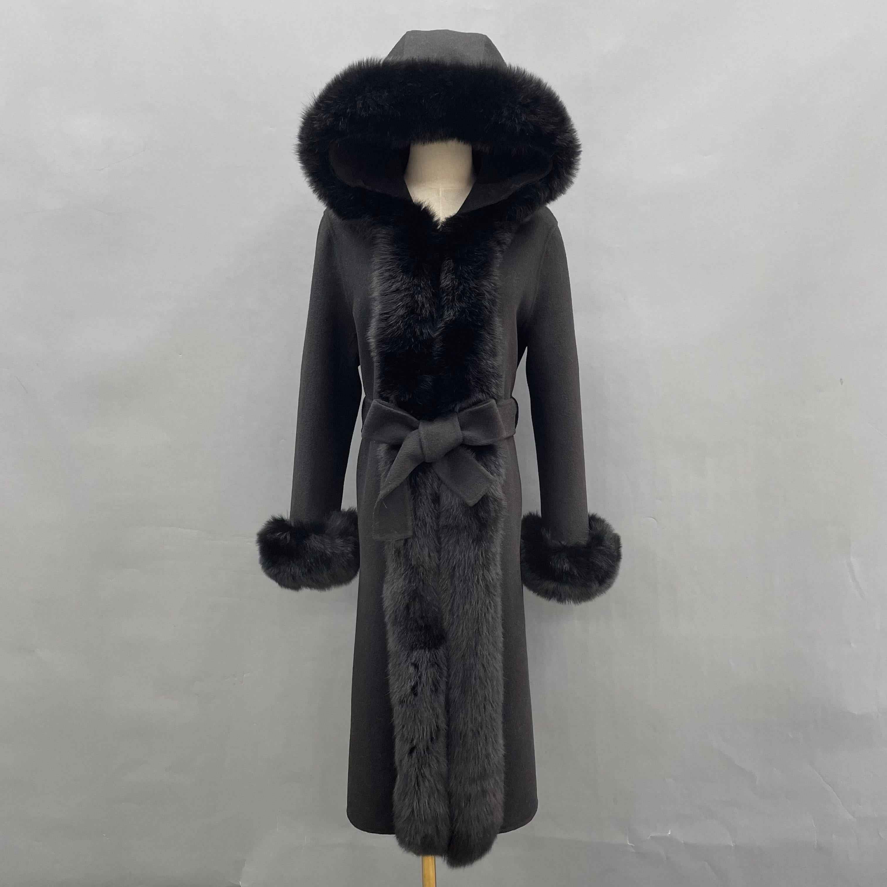 Women's Luxury Double - Faced Wool Coat with Fox Fur Trim & Fox Fur Cuffs, Belted Elegant Winter Outerwear Black