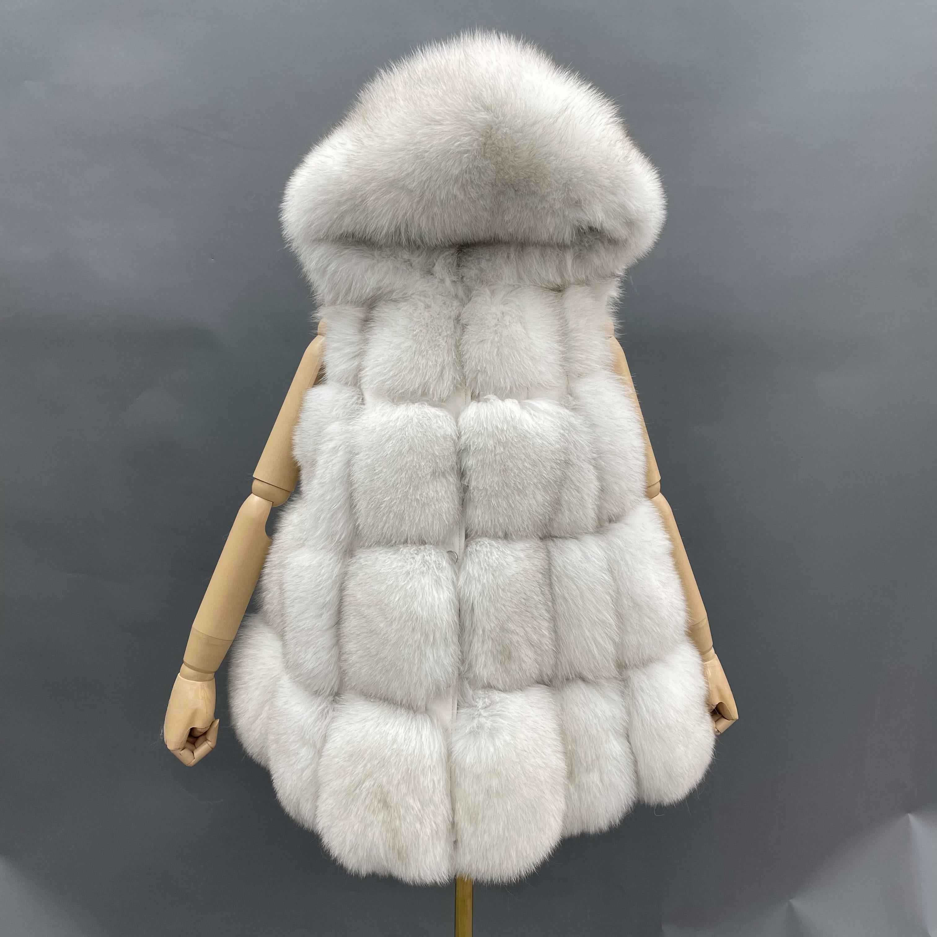 Women's Hooded Fox Fur Vest with Flared Hem - Early Winter Luxe Outerwear White