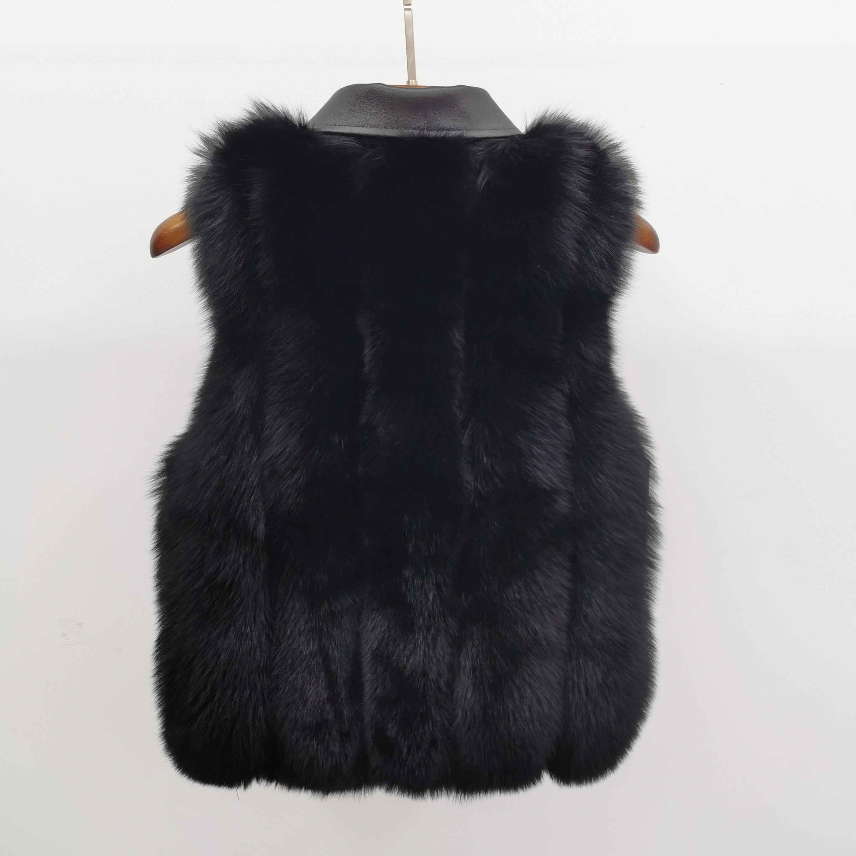 Women's Fox Fur Vest with Leather Collar - Edgy Buckle-Accented Outerwear