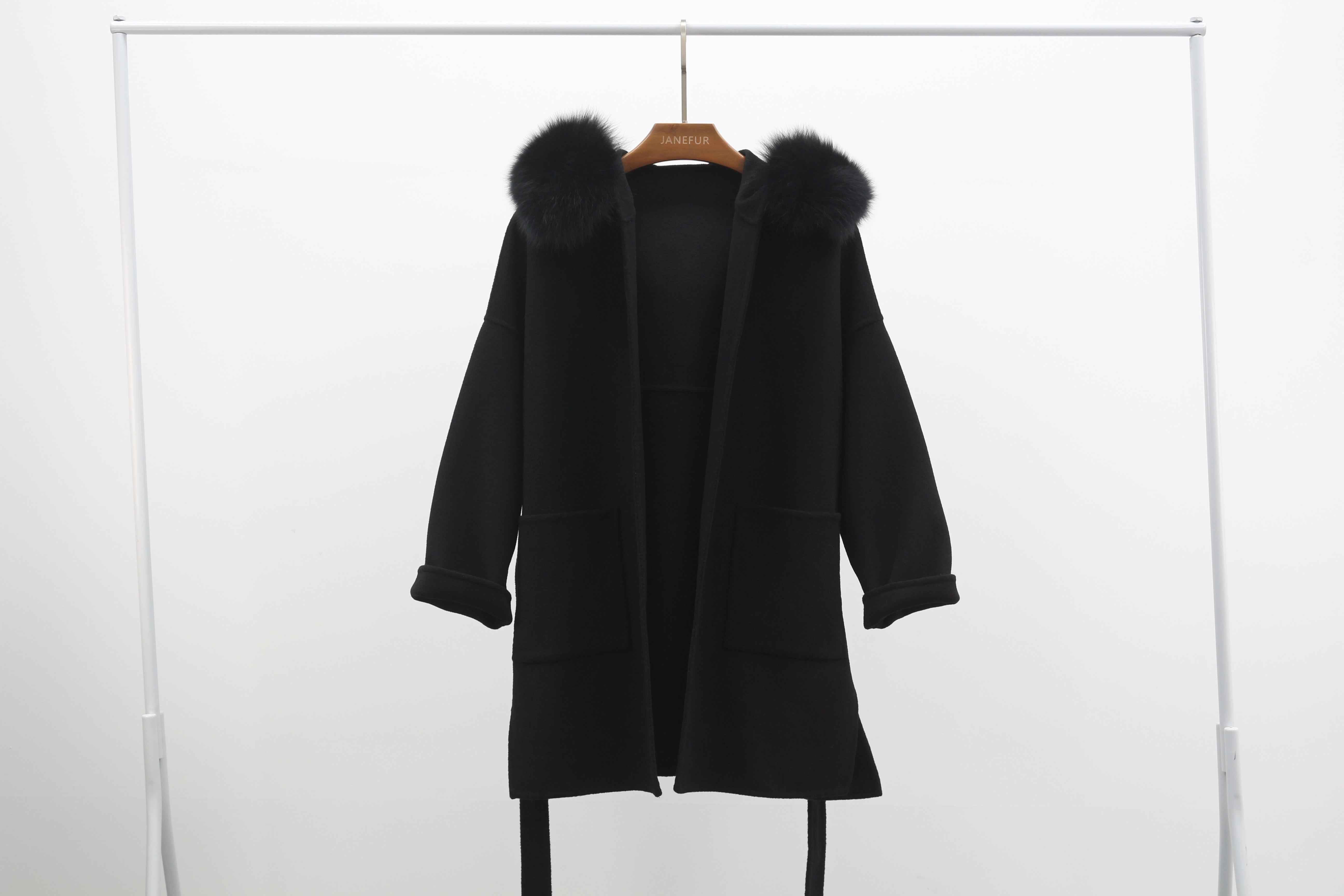 Women's Oversized Gray Wool Blend Coat with Fox Fur Hood Trim, Belted Long Winter Jacket for Casual Outfits Black