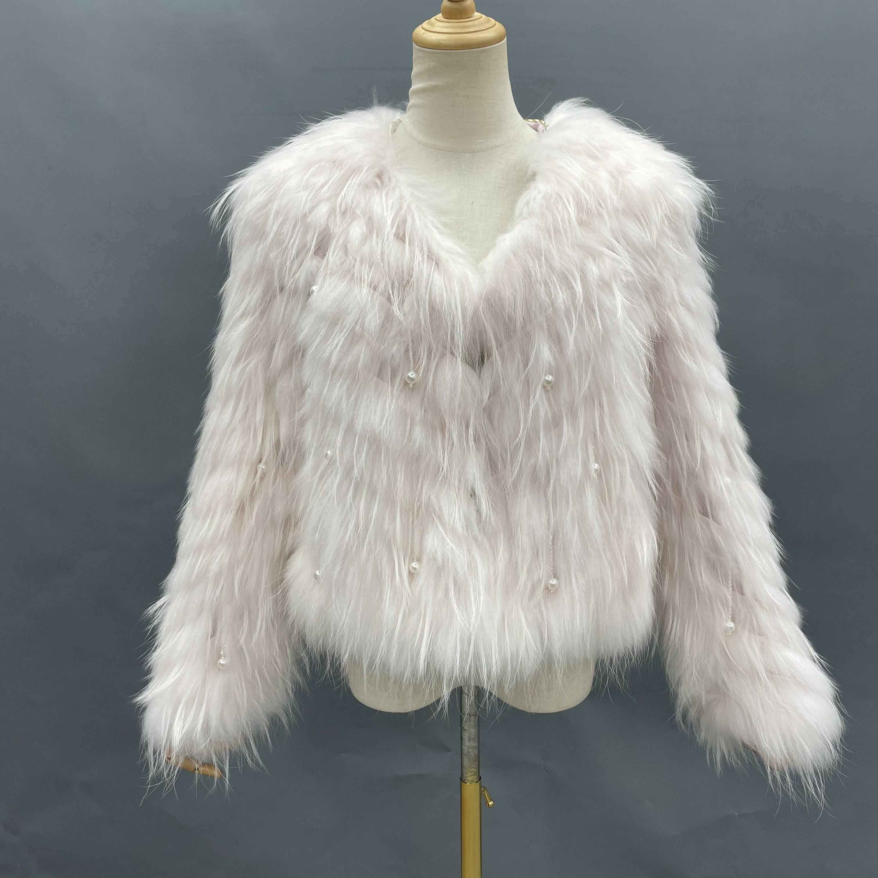 Women's Glam Turquoise Raccoon Fur Jacket - Pearl Tassel Striped Cropped Party Outerwear White F-CHEST 100