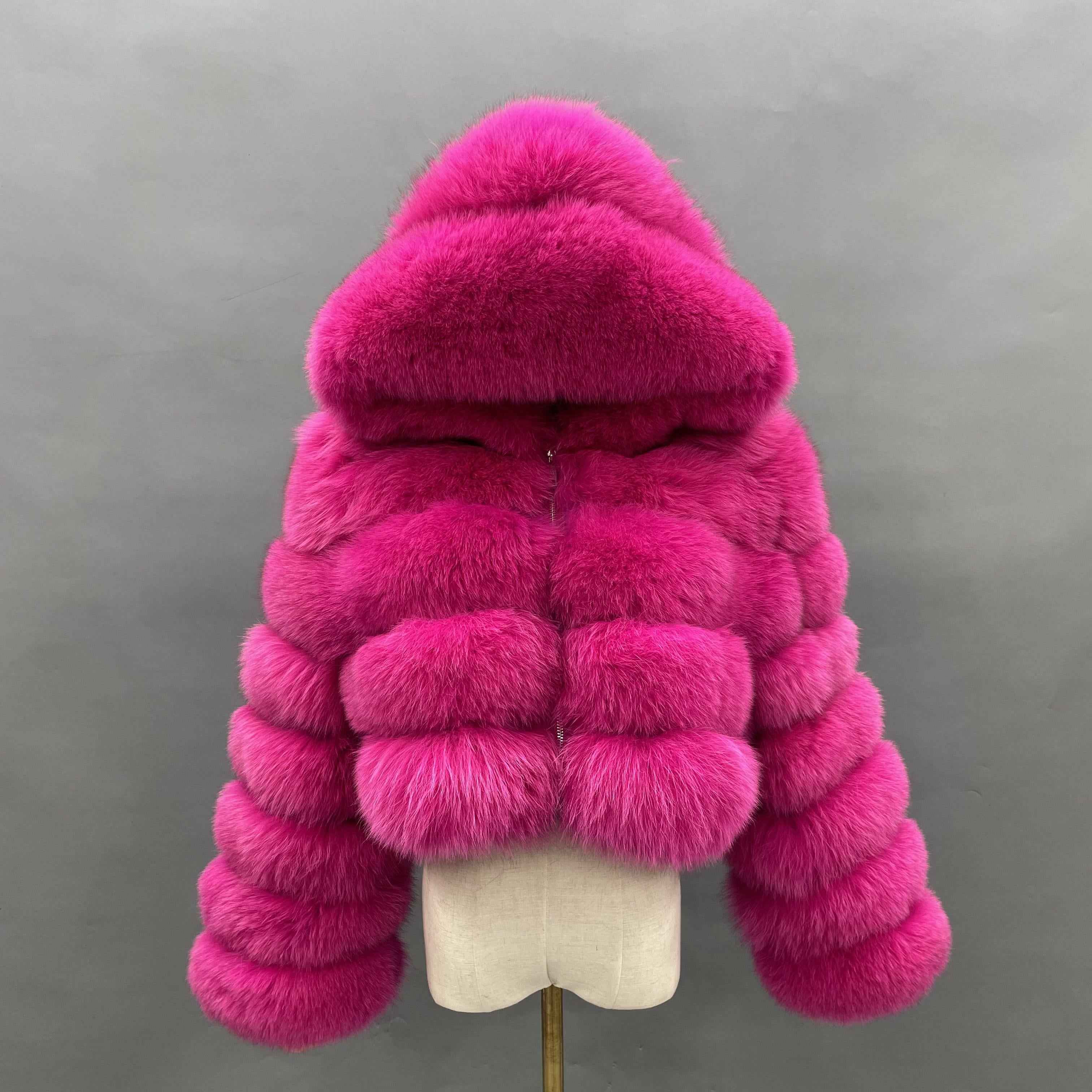 Women's Premium Fox Fur Cropped Hooded Jacket - 3-Panel Body & 6-Panel Sleeves with Zipper Closure Winter Fashion Warm Coat Hot Pink