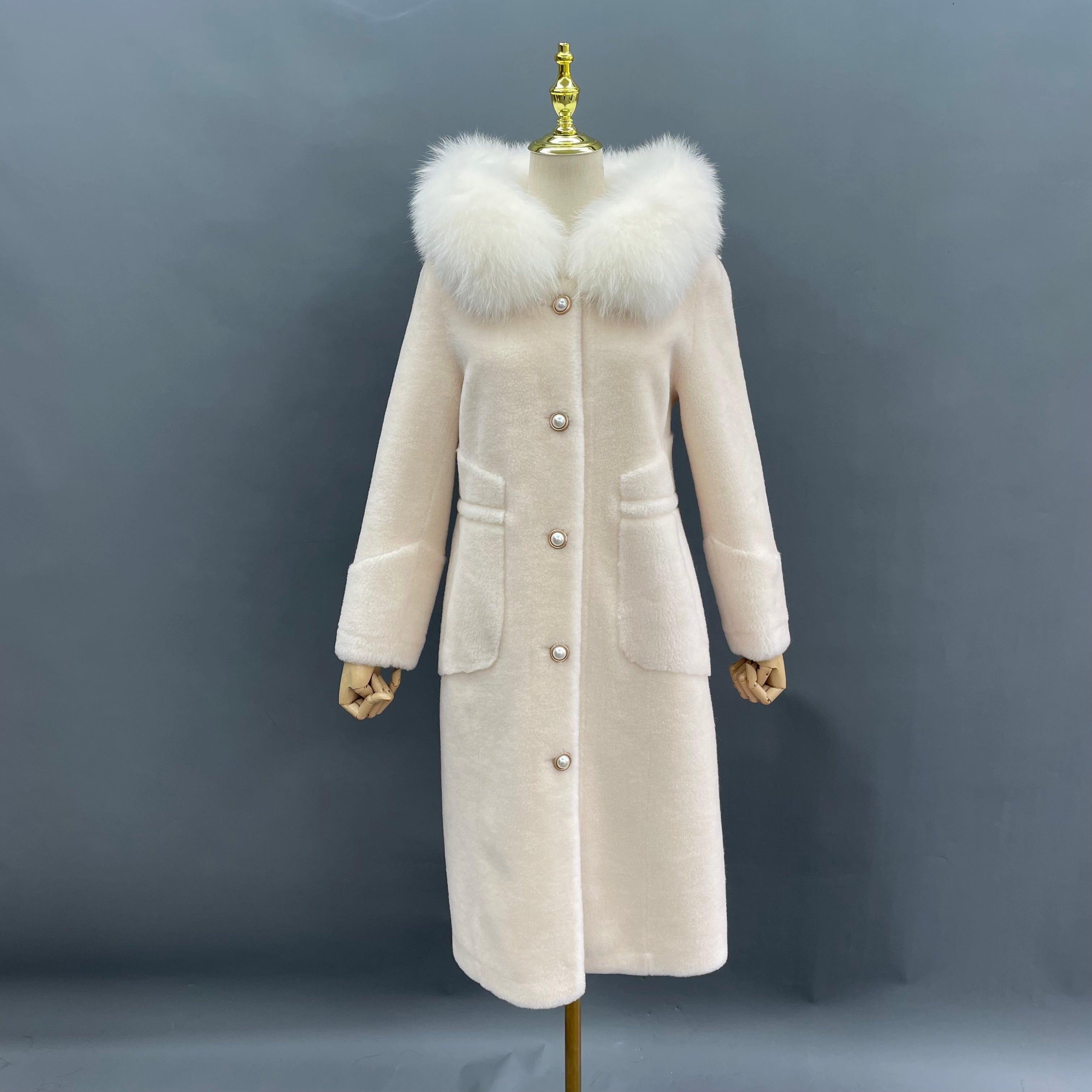 Women's Shearling Long Coat with Hood, Pearl Buttons & Fox Fur Trim - Luxurious Winter Outerwear