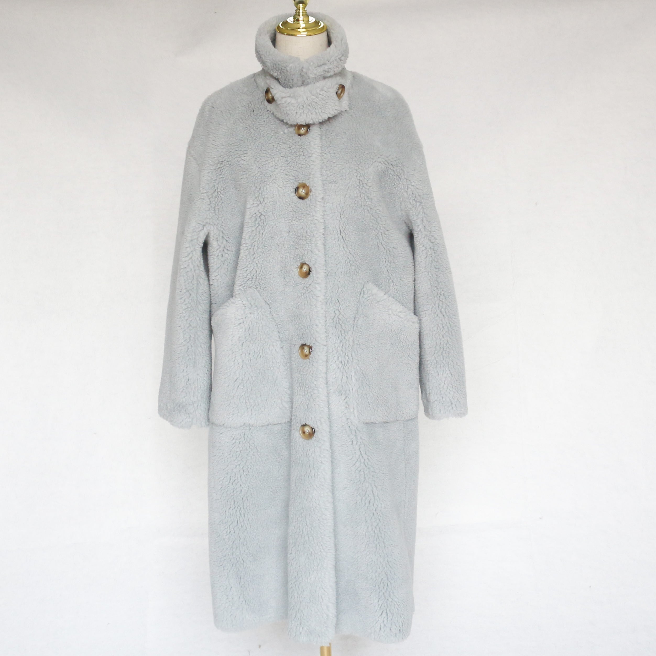 Women's Red Long Sheepskin Shearling Coat with Stand Collar & Button Front - Warm Winter Outerwear