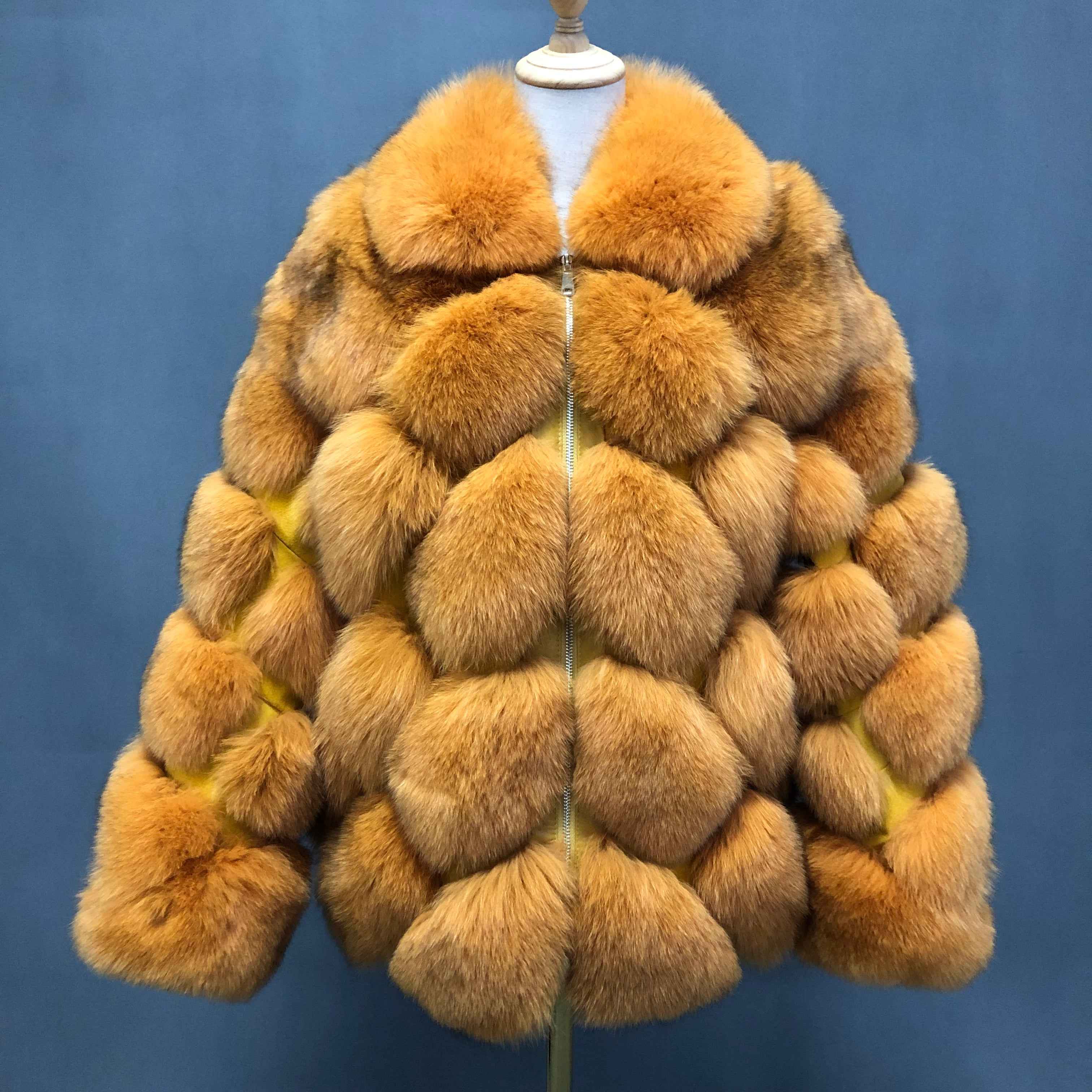 Women's Luxury Fox Fur Coat with Diamond Pattern - Winter Warm Fashion Fur Jacket Golden