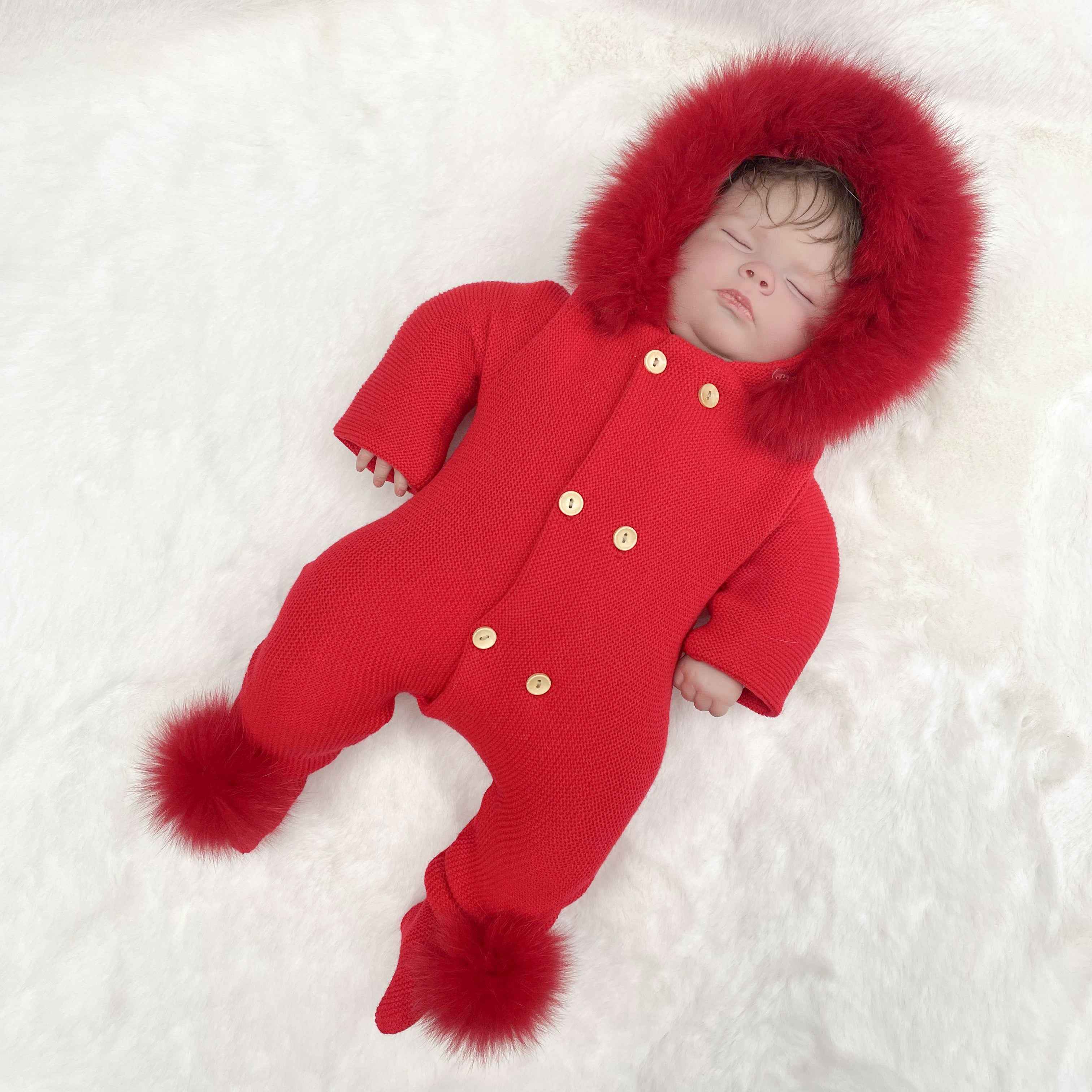 Soft Faux Fur Double-Breasted Knit Romper for Babies - Newborn to Toddler Warm Jumpsuit Red F