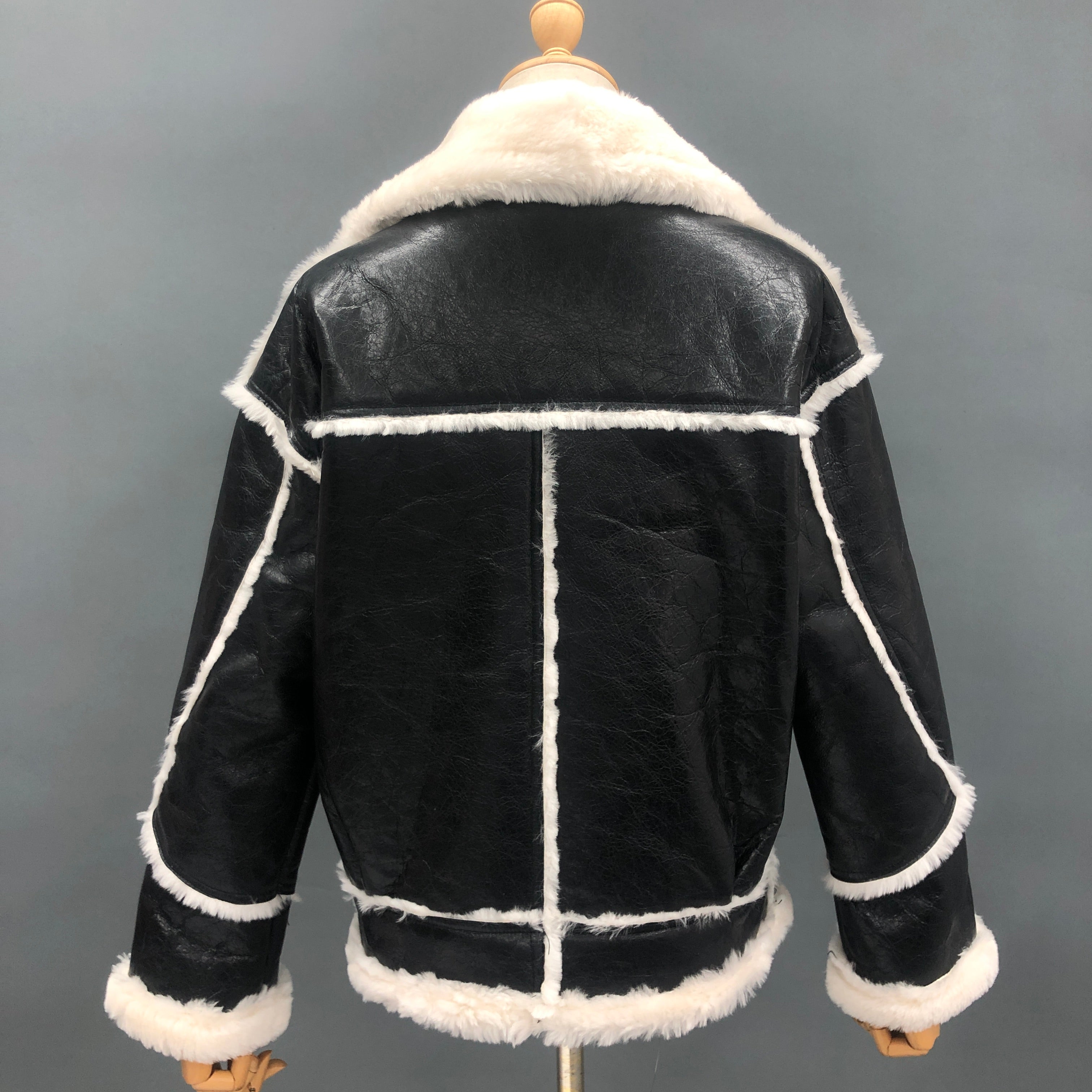 Women's Glossy Shearling Biker Jacket with Contrast Fur Trim & Edging - Luxe Winter Outerwear