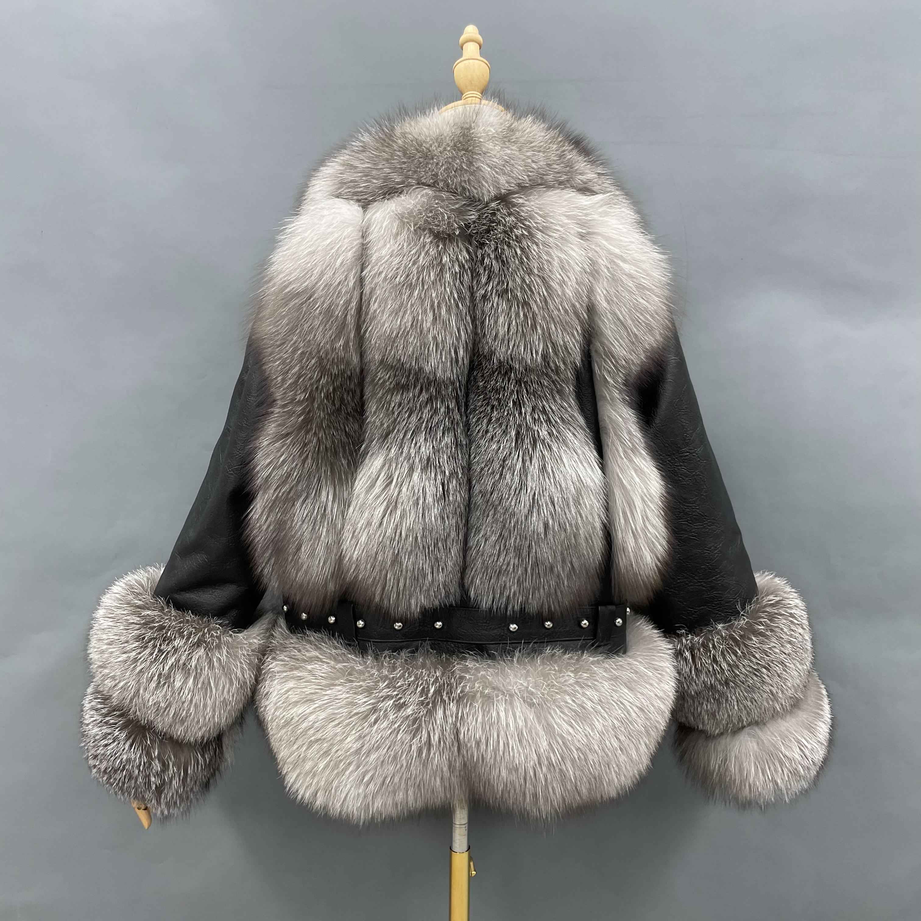 Women's Premium Fluffy Fox Fur Cropped Jacket - Two-Panel Fur Cuffs & Leather Patchwork with Zipper - Winter Chic Warm Luxury Outerwear