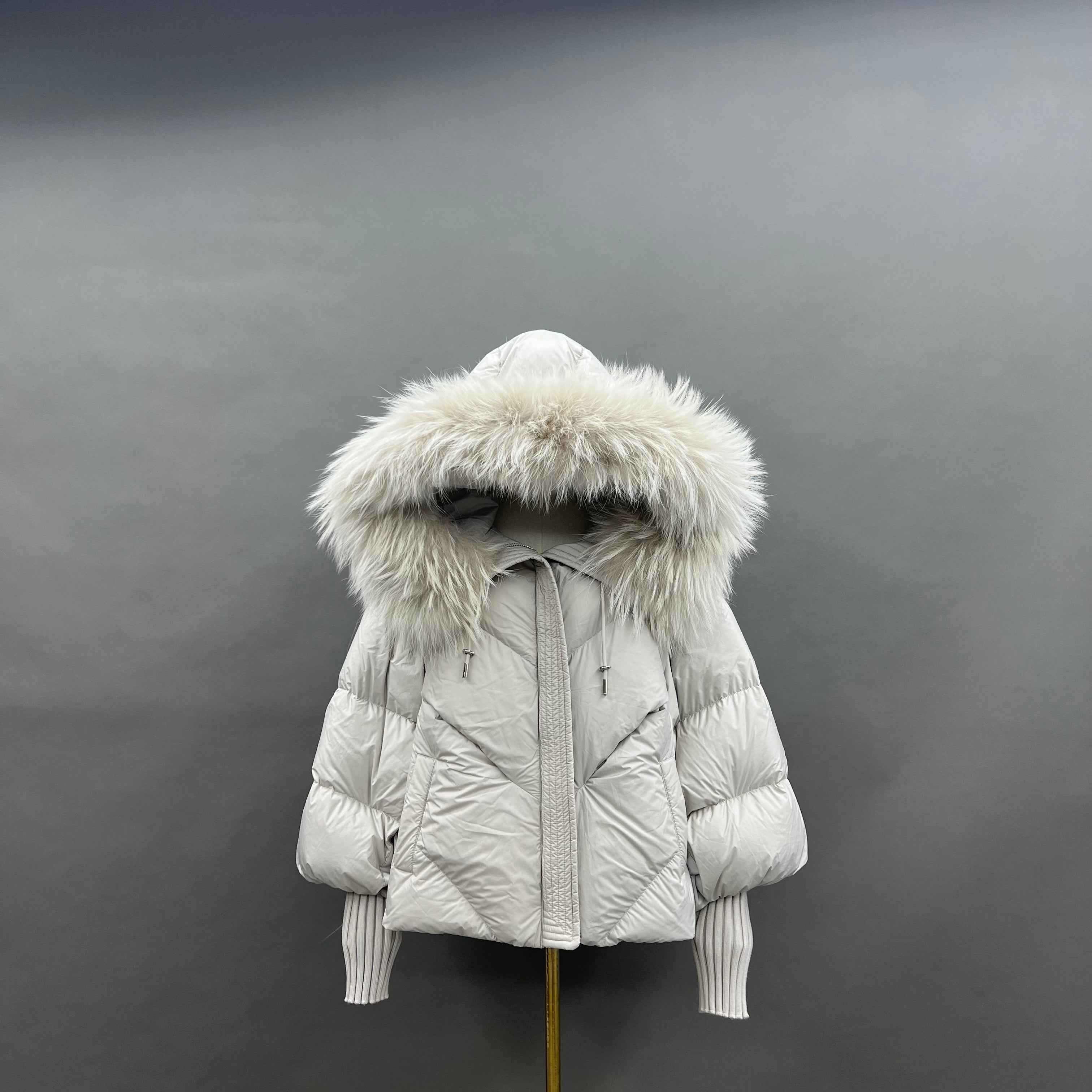 Women's Puffer Down Jacket with Raccoon Fur Trimmed Hood and Elastic - Extended Sleeves White