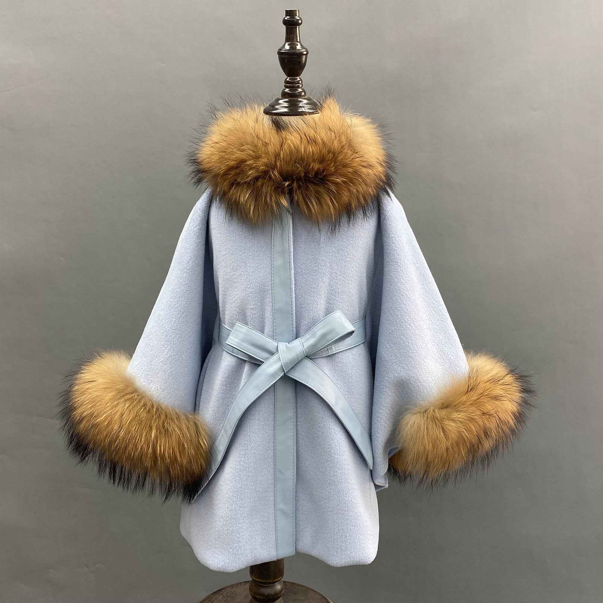 Raccoon fur Trimmed Belt Kids cape Light blue