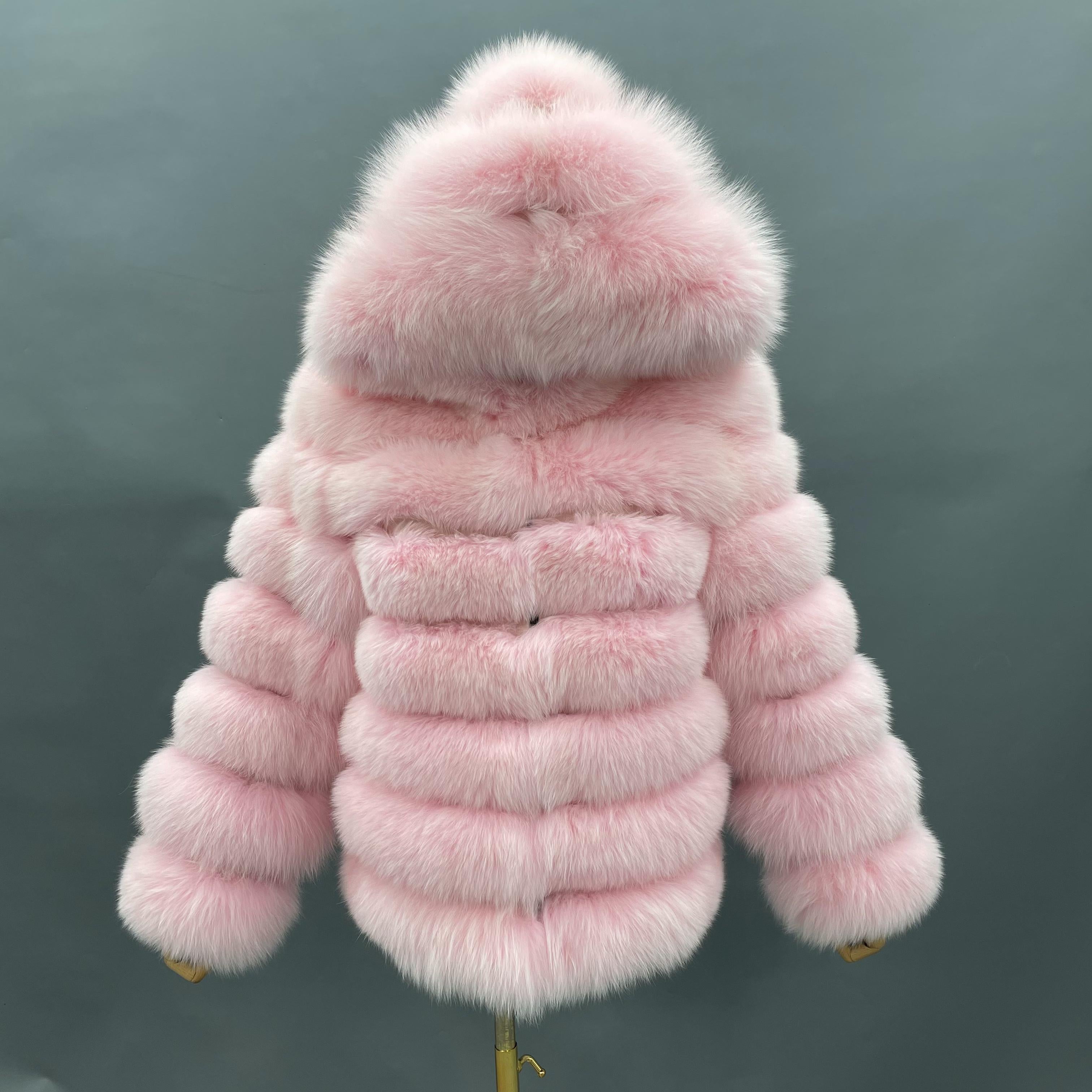 Fashion Women's Solid Color Real Fox Fur Warm Coat With Hat Pink