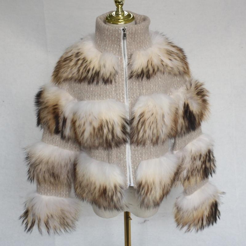 Fashion Women's Short Chanel Style Raccoon Fur Layered Coat Beige