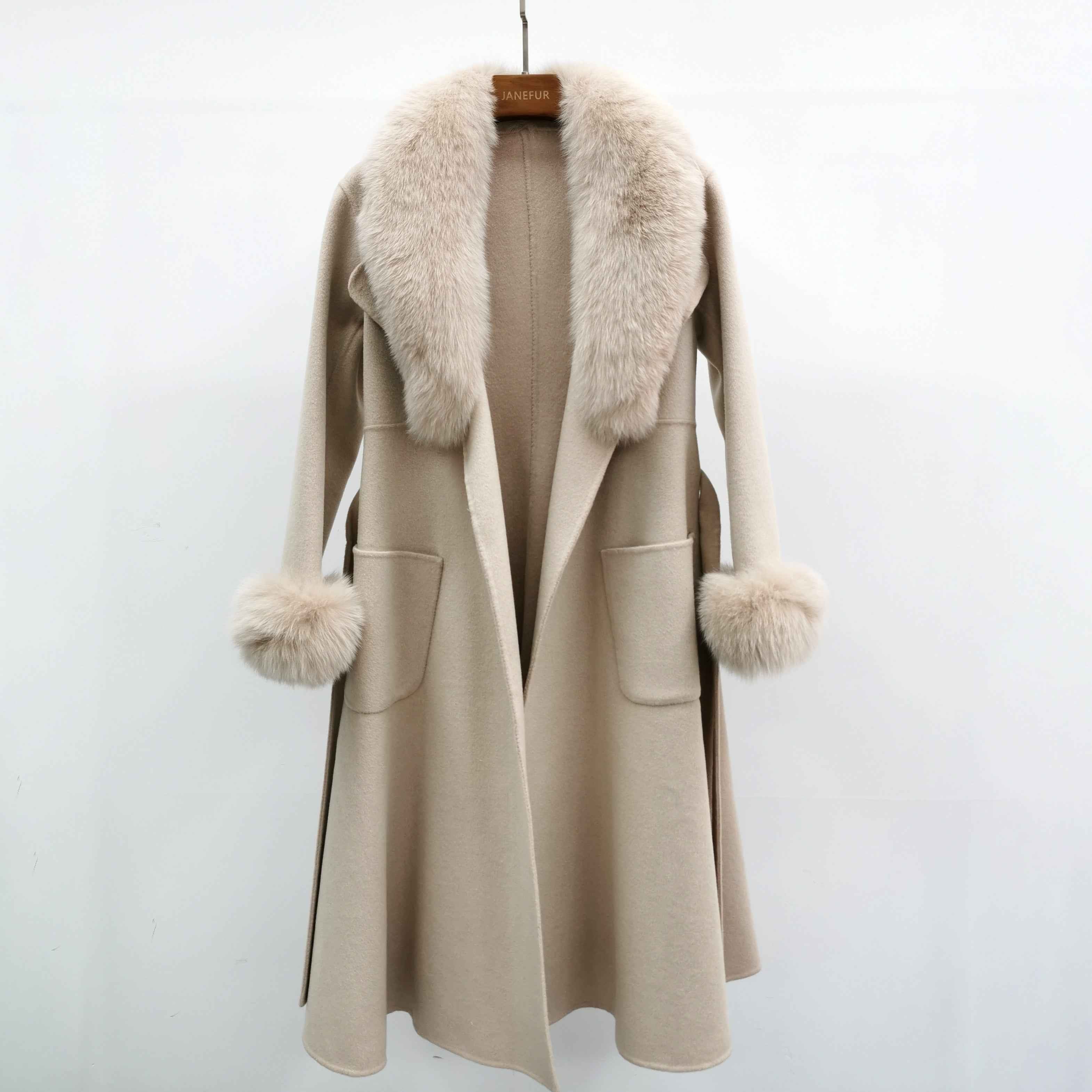 Women's Camel Wool Long Coat with Fox Fur Collar and Cuffs Trim, Elegant Oversized Winter Jacket for Casual Outfits Camle