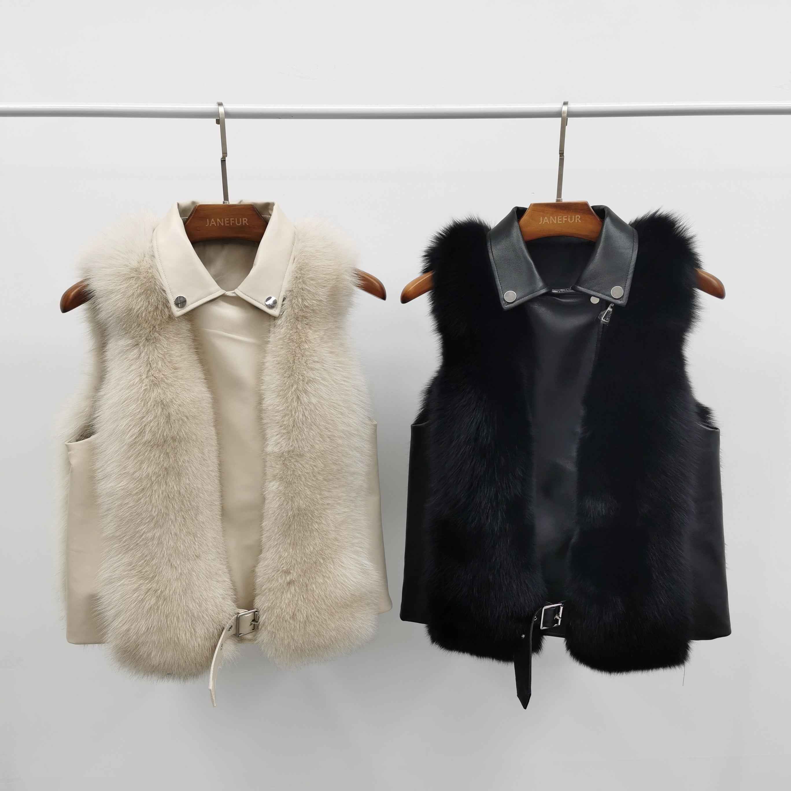 Women's Fox Fur Vest with Leather Collar - Edgy Buckle-Accented Outerwear