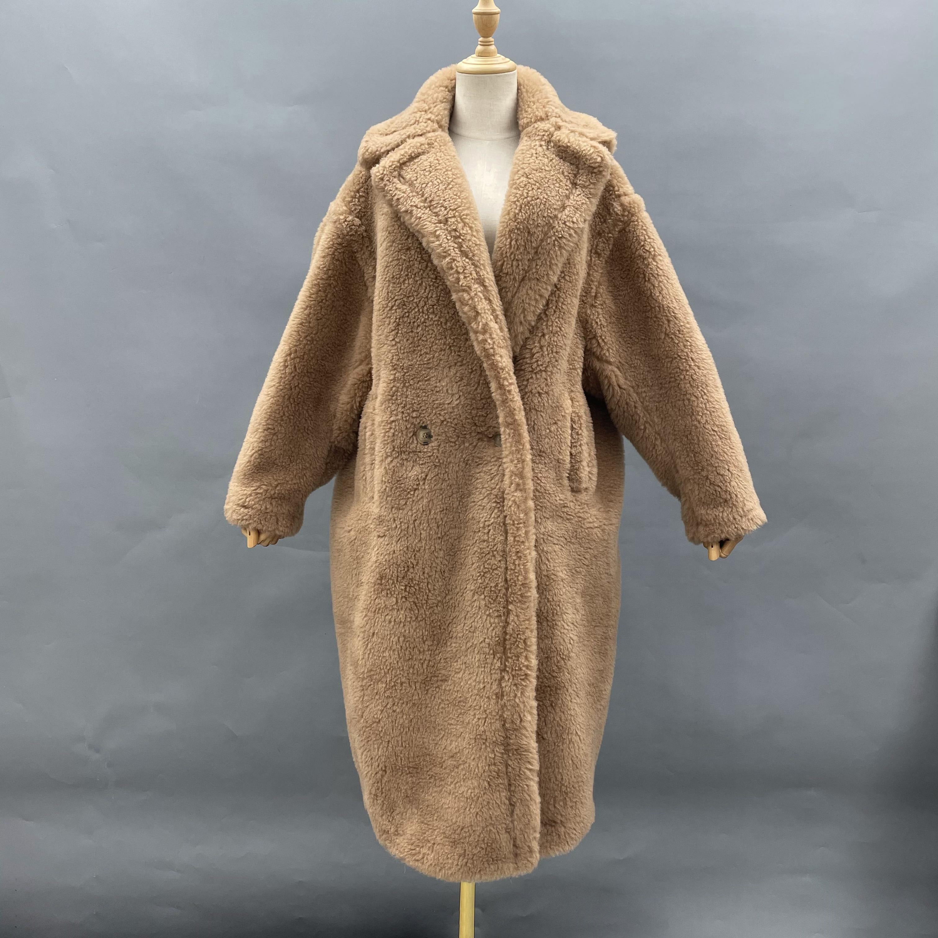 Women's Teddy Fleece Long Coat with Double-Breasted Notched Lapel - Luxe Winter Outerwear