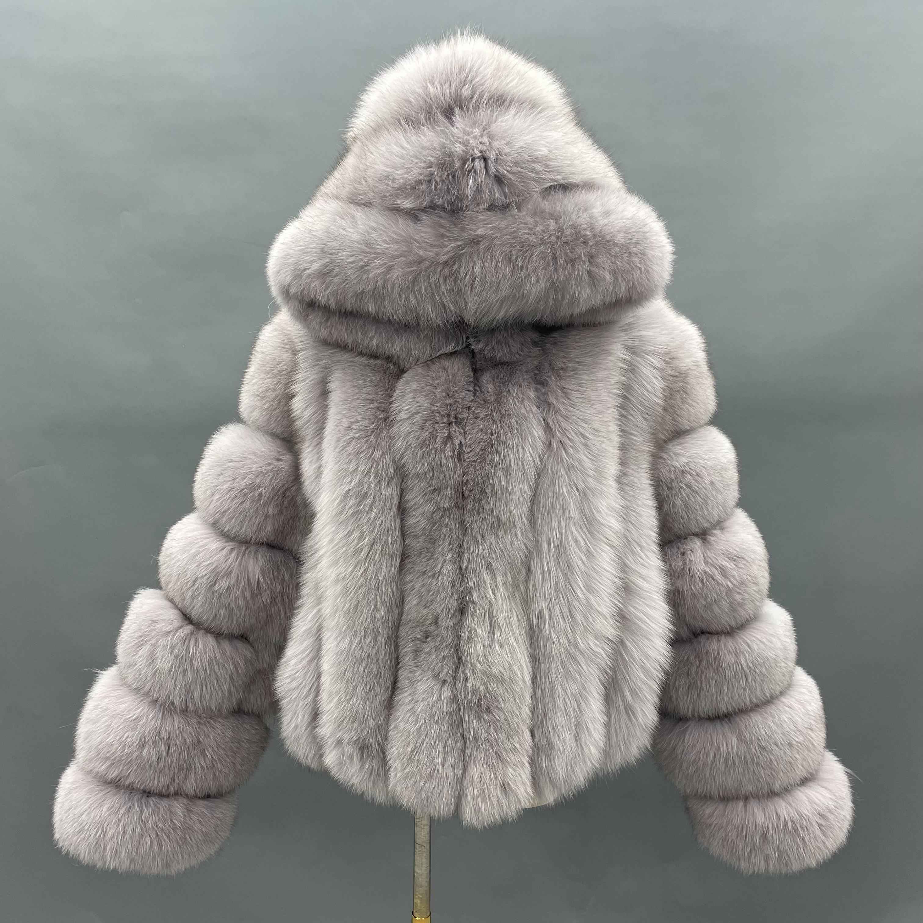 Women's Luxury Fox Fur Hooded Jacket - Versatile Style Winter Fashion Outerwear Grey