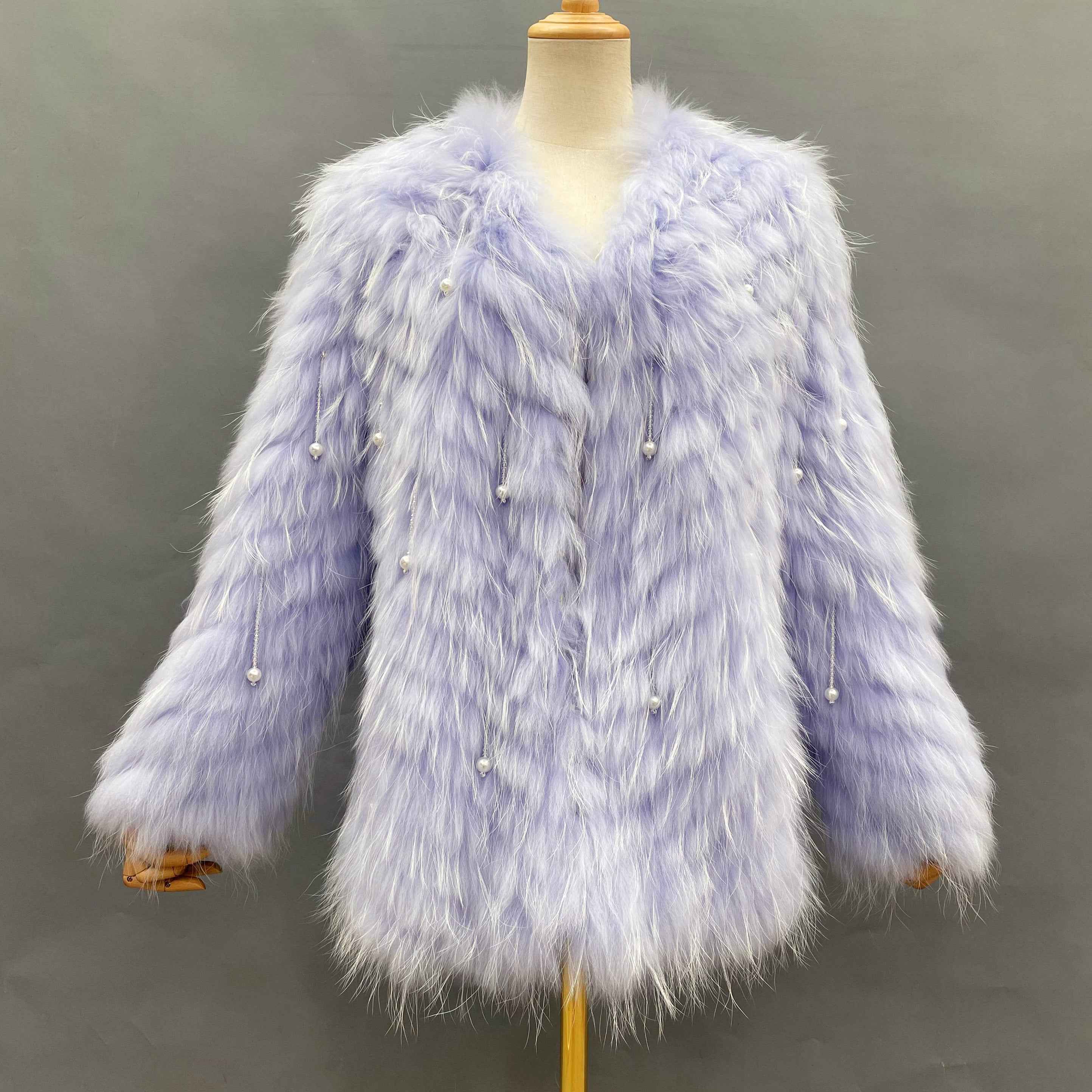Women's Raccoon Fur Long Jacket - Pearl Tassel Party Statement Outerwear Light Purple F-CHEST 100