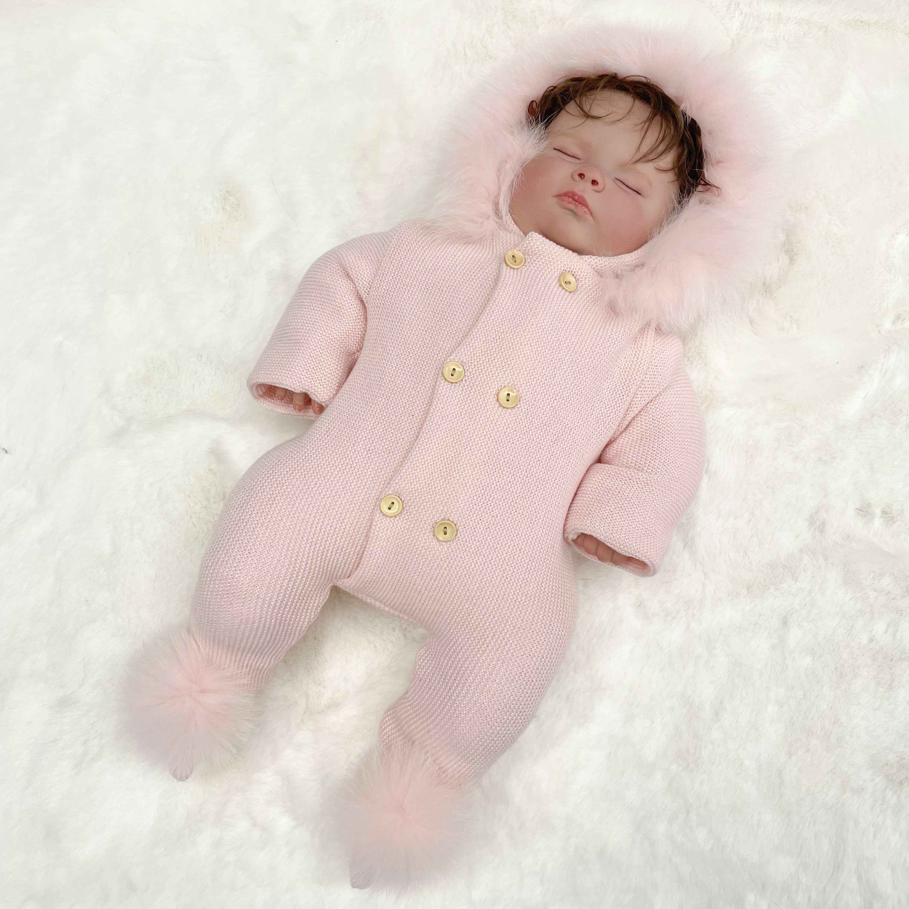 Soft Faux Fur Double-Breasted Knit Romper for Babies - Newborn to Toddler Warm Jumpsuit Pink F
