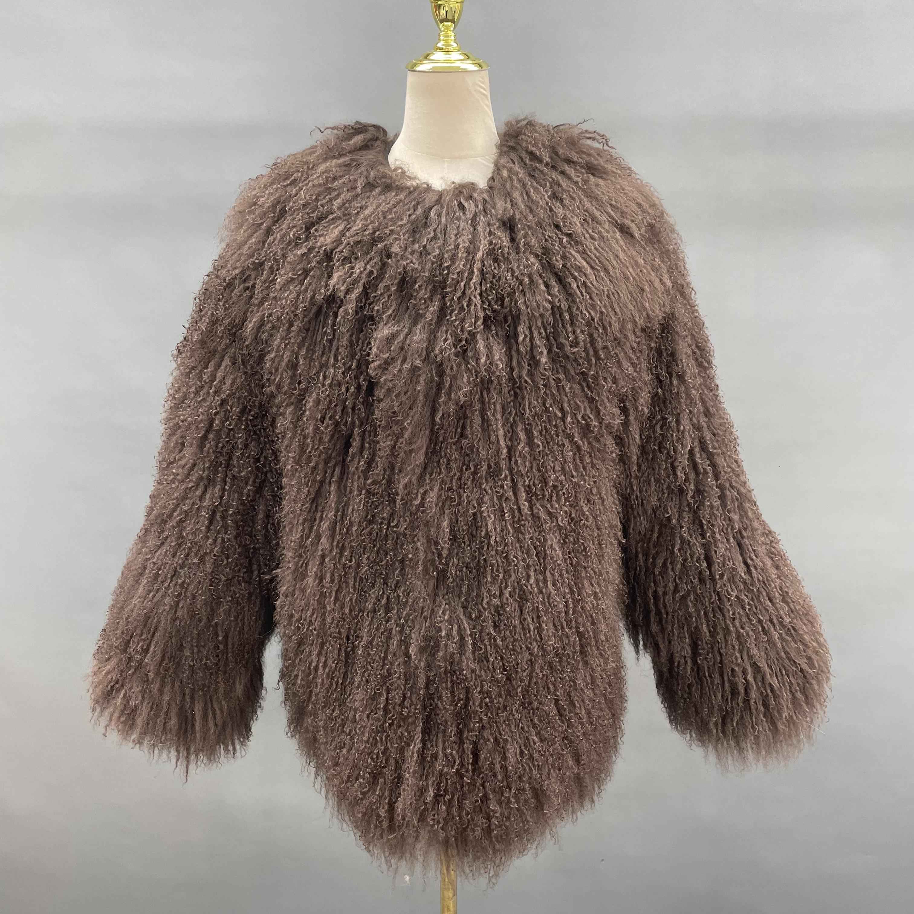 Women's Luxury Mid-Length Tibetan Lamb Fur Coat - Exclusive Harsh Winter Statement Outerwear Brown
