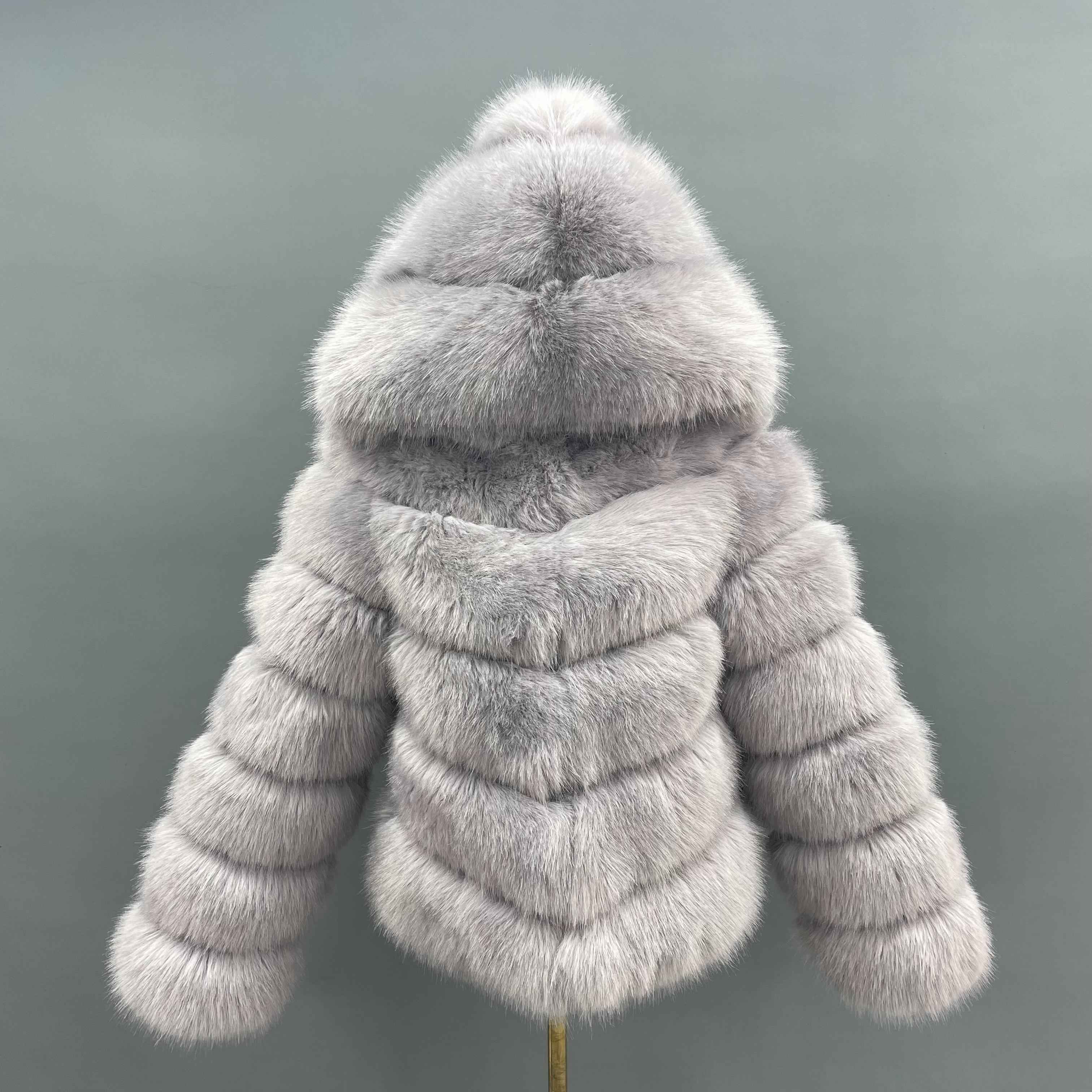 Women's 5-Panel Diagonal Stripe Hooded Faux Fur Coat - Highly Realistic Luxury Winter Outerwear White