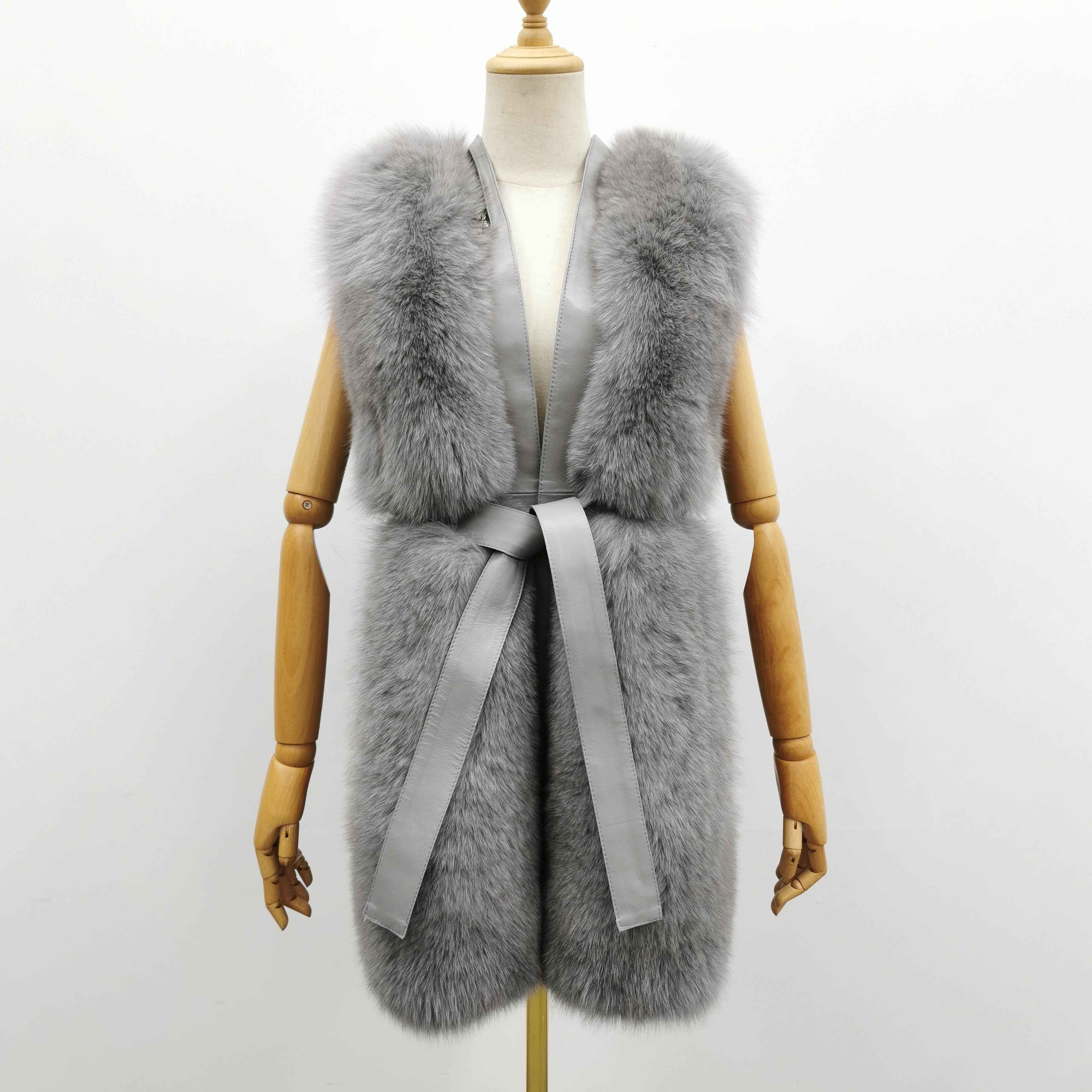 Women's Versatile Belted Fox Fur Vest - Stylish Outerwear Grey