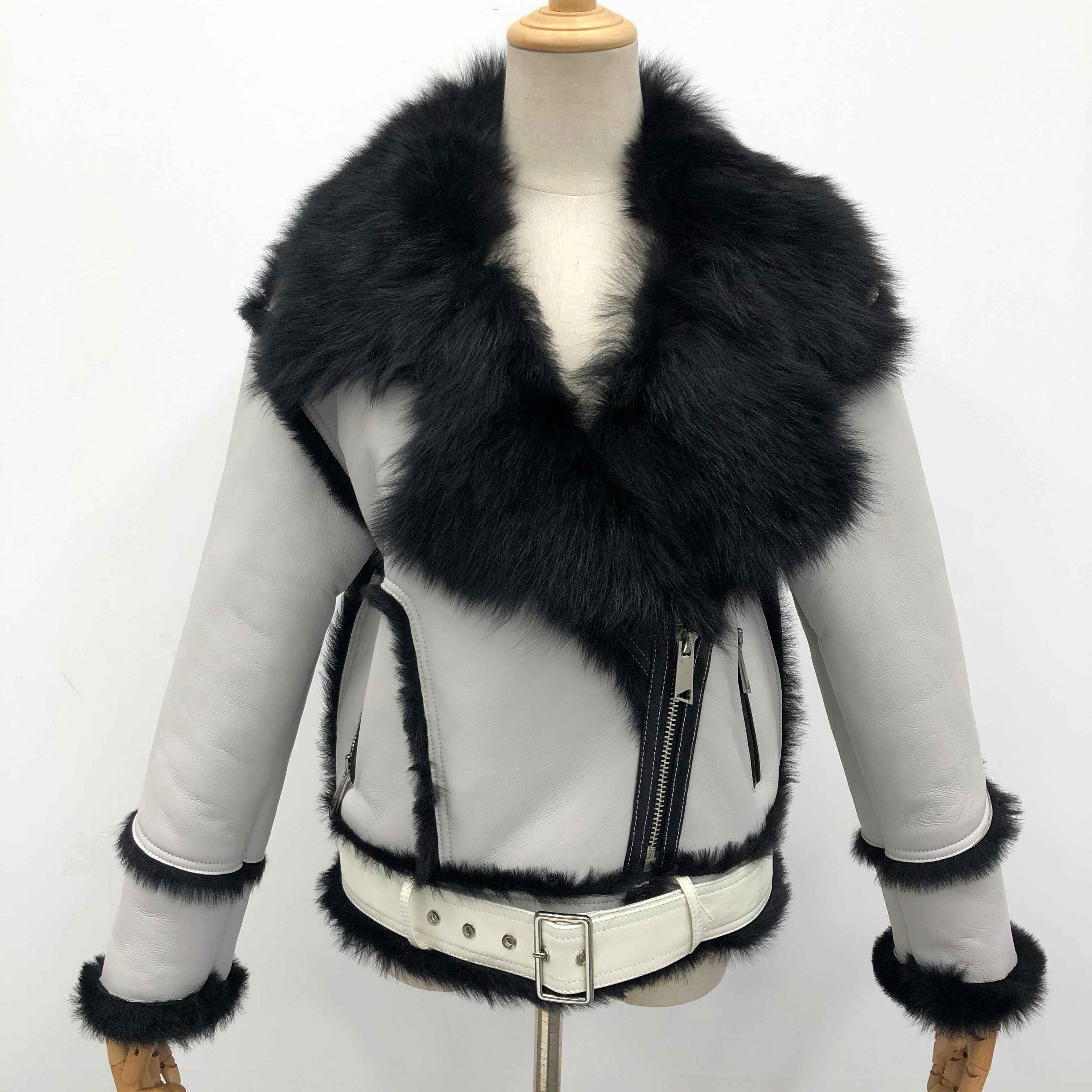 Women's Toscana Shearling Biker Jacket with Notched Lapel, Contrast Fur Trim & Belted Waist - Luxe Color-Block Outerwear