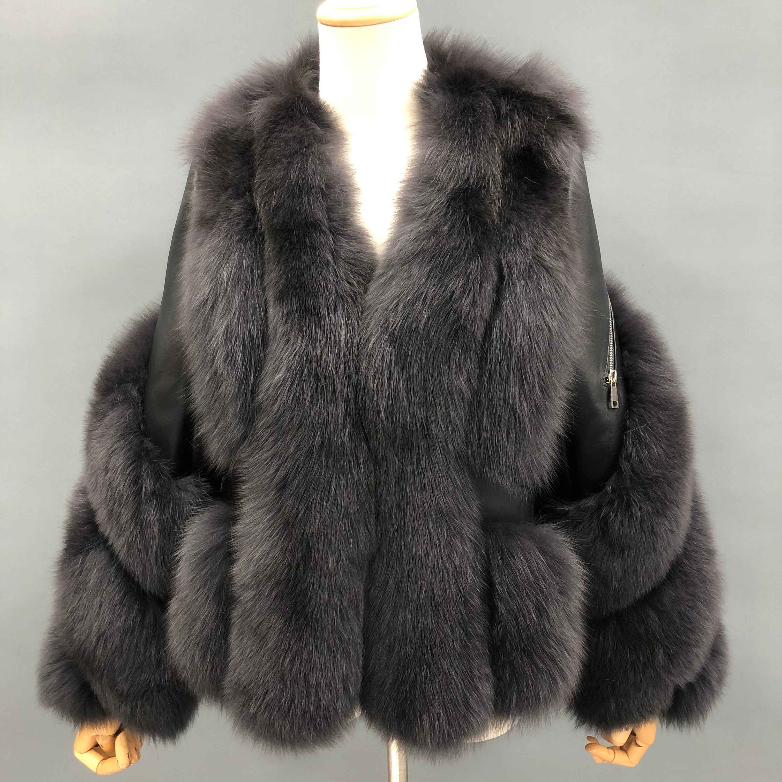 Luxury Blue Striped Fox Fur Coat with Leather Panels and Left Sleeve Zipper Detail Black