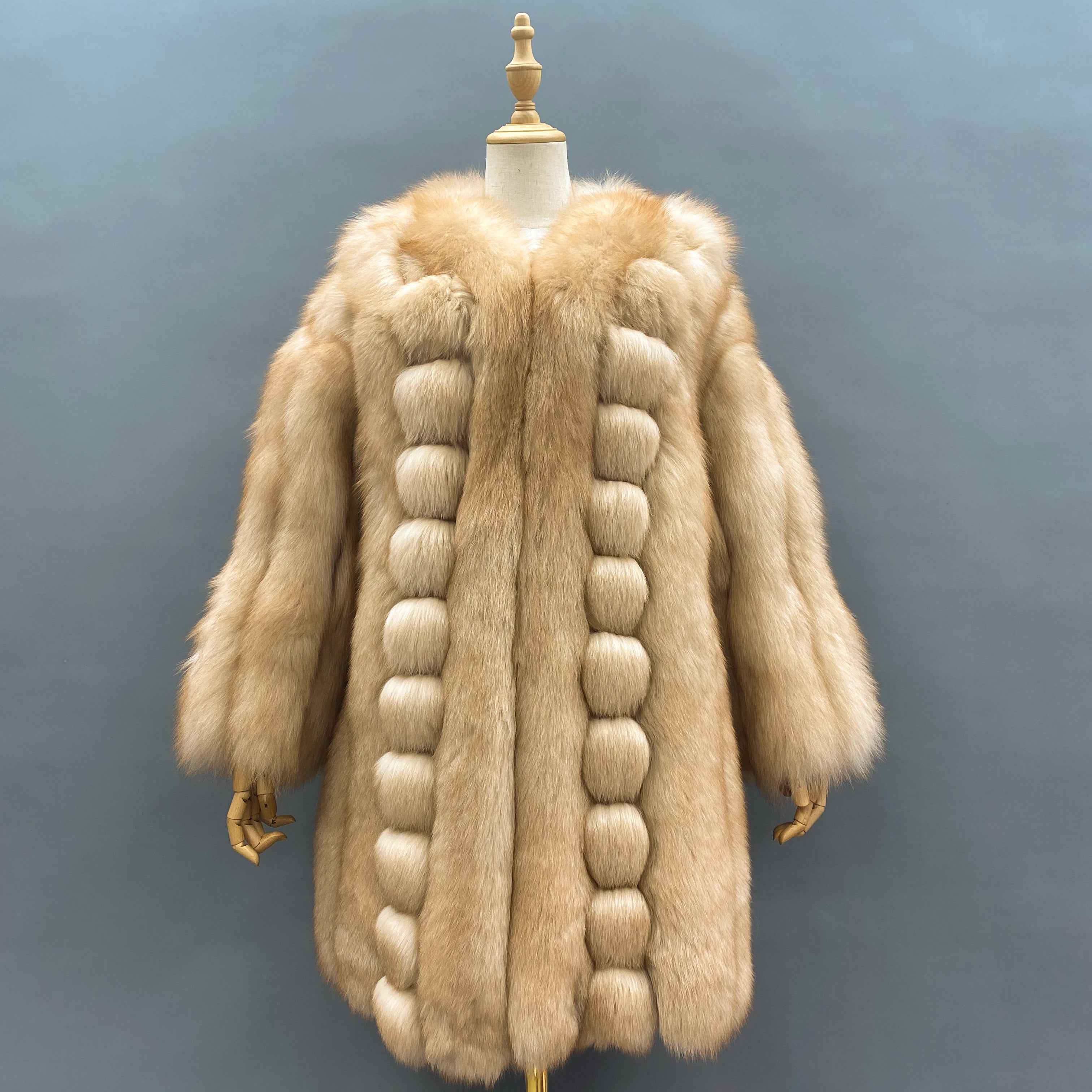 "Luxury Iridescent Fox Fur Coat: Artistic Puff-Stitched Winter Fashion Outerwear" Camle