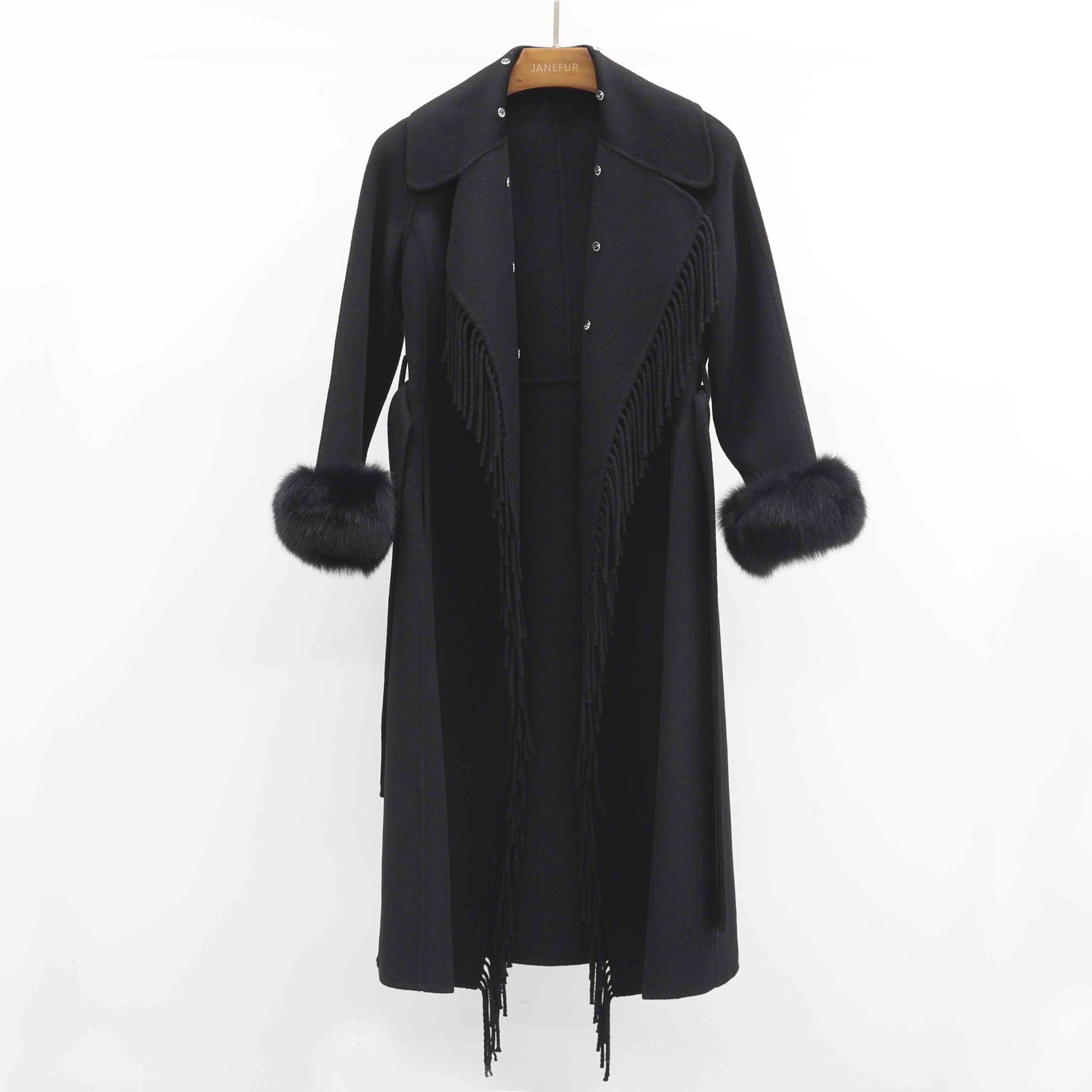 Women's Luxury Double - Faced Wool Coat with Fringe Detailing, Fox Fur Collar and Cuffs, Belted Elegant Winter Outerwear Black