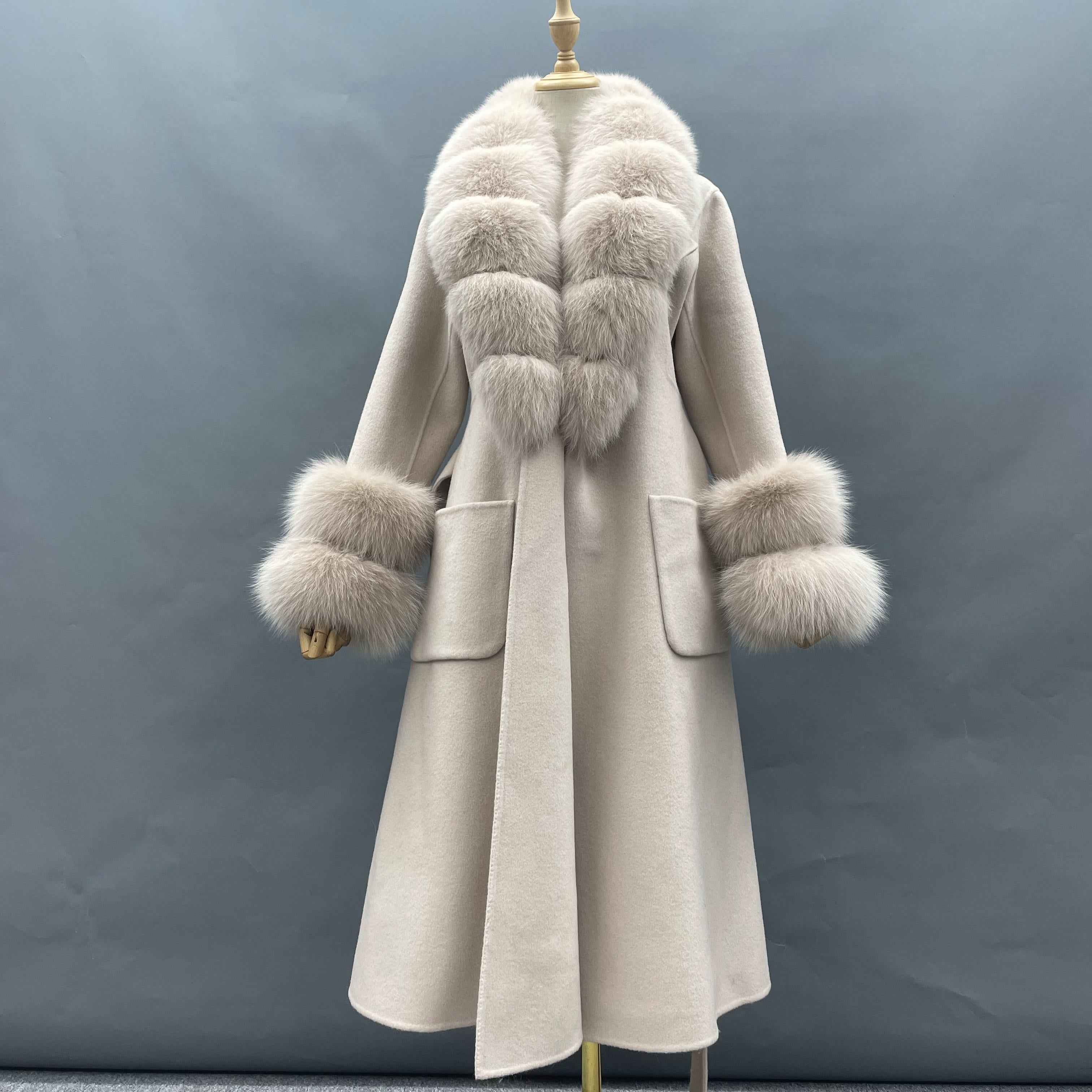 Women's Luxury Double - Faced Wool Coat with Segmented Fox Fur Collar, Two - Section Cuffs, Flared Skirt & Belt Taupe