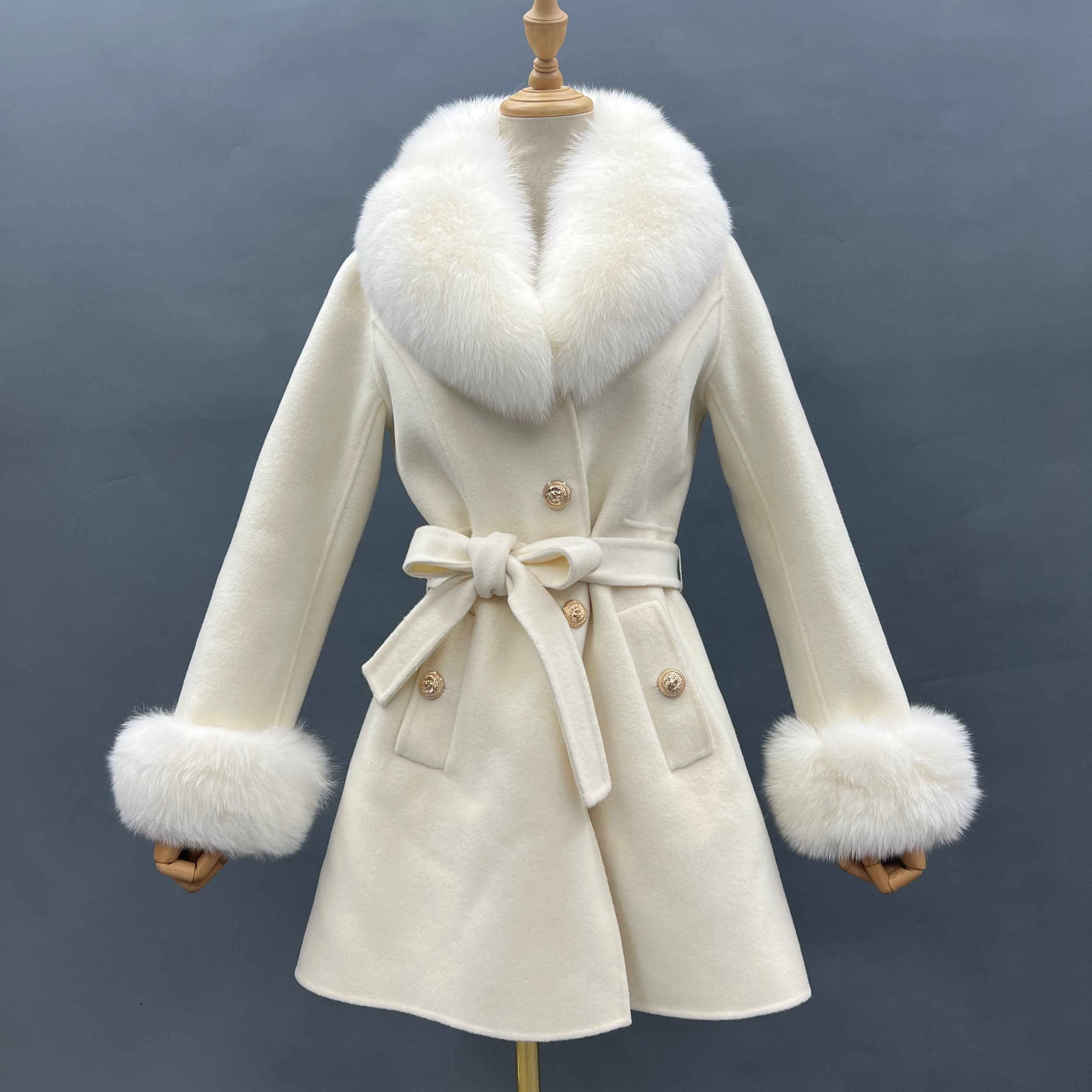 Women's Red Wool Belted Coat with Fox Fur Collar and Cuffs Trim, Elegant Long Winter Jacket for Casual Outfits White
