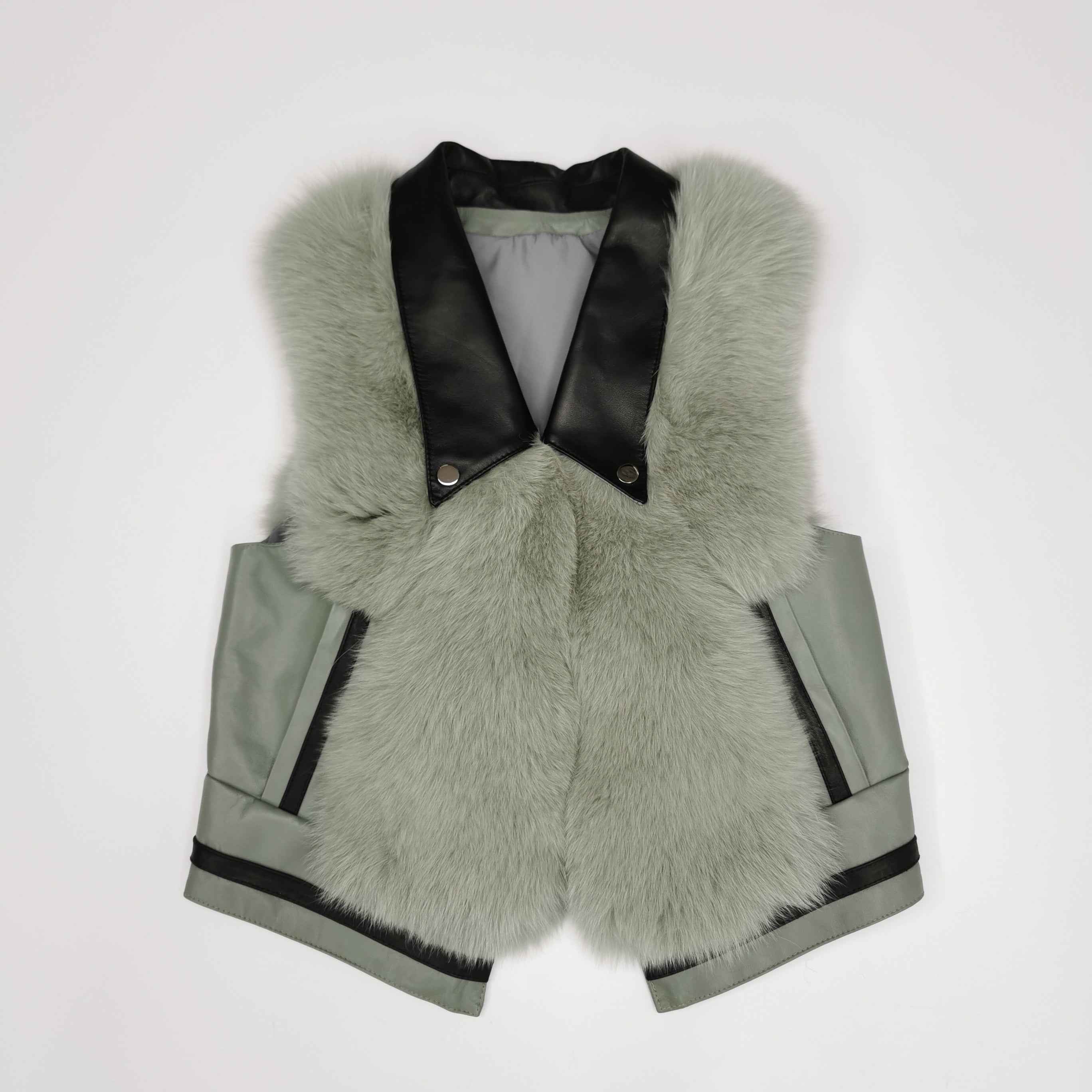 Women's Designer Fox Fur Vest - Notched Lapel Patch Pocket Outerwear Green