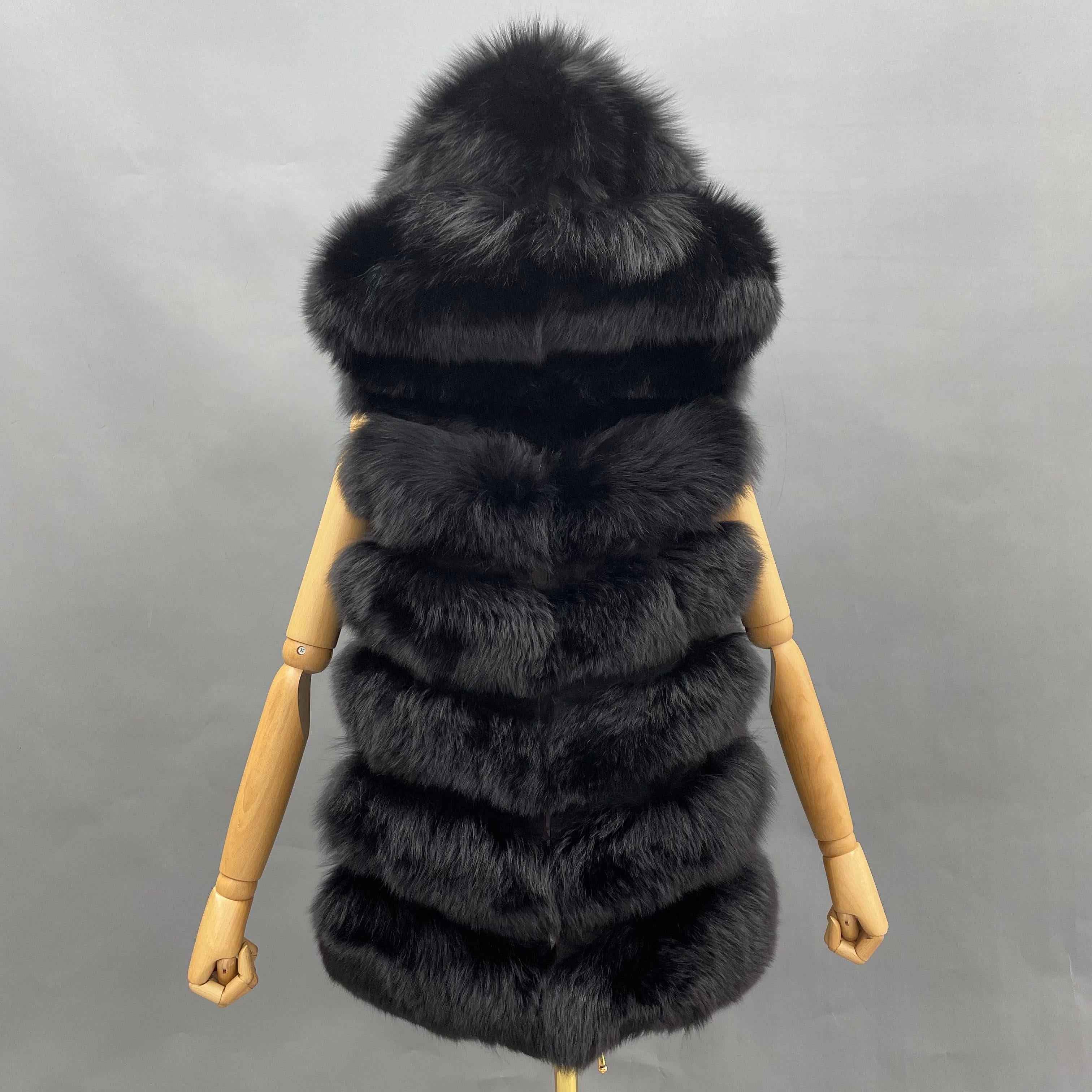 Women's 6-Panel Hooded Fox Fur Vest - Classic Versatile Winter Essential Outerwear Black