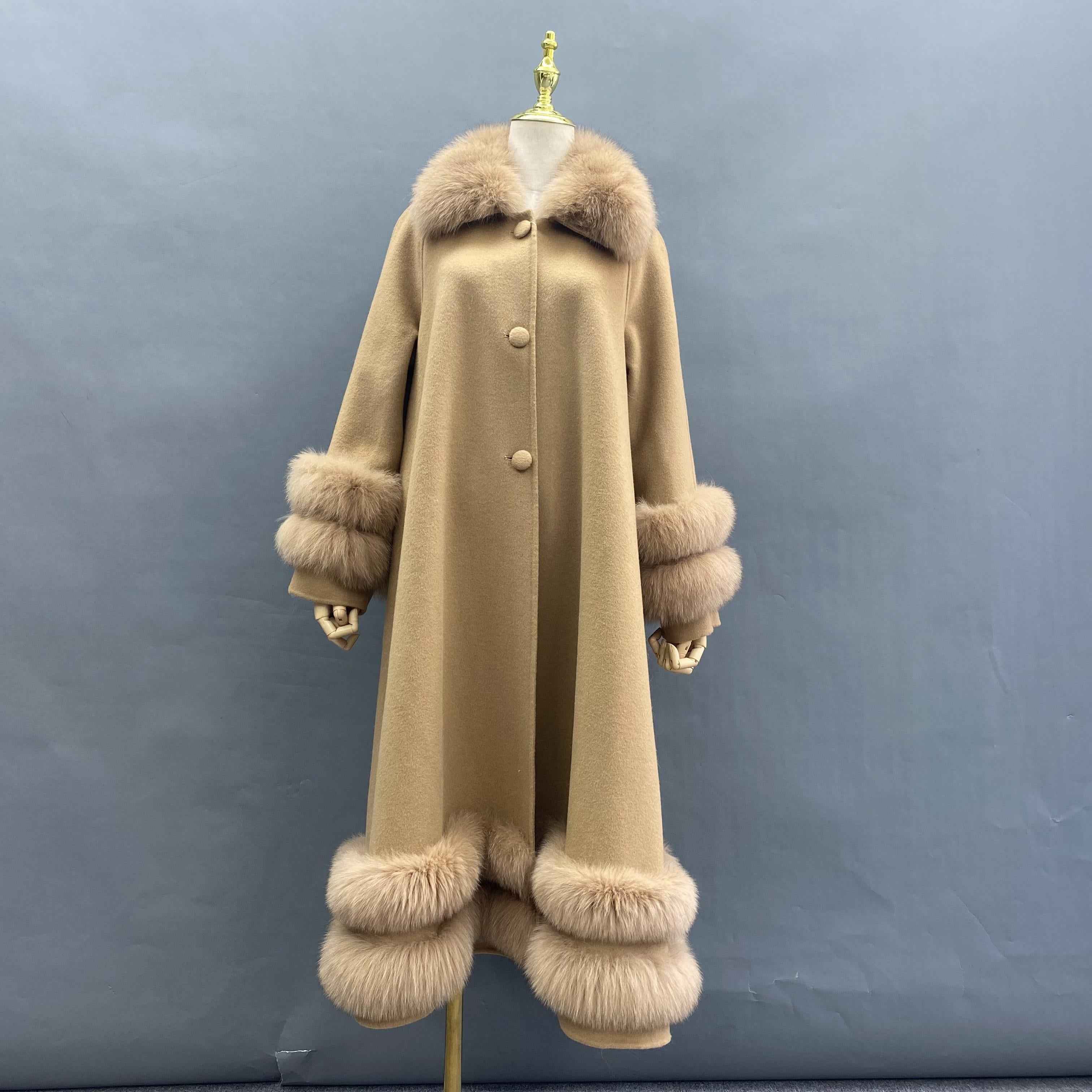 Double - Faced Wool Coat with Double - Layer Fox Fur Trim on Cuffs, Hem & Collar - Luxury Warm Fashion Winter Outerwear Camle
