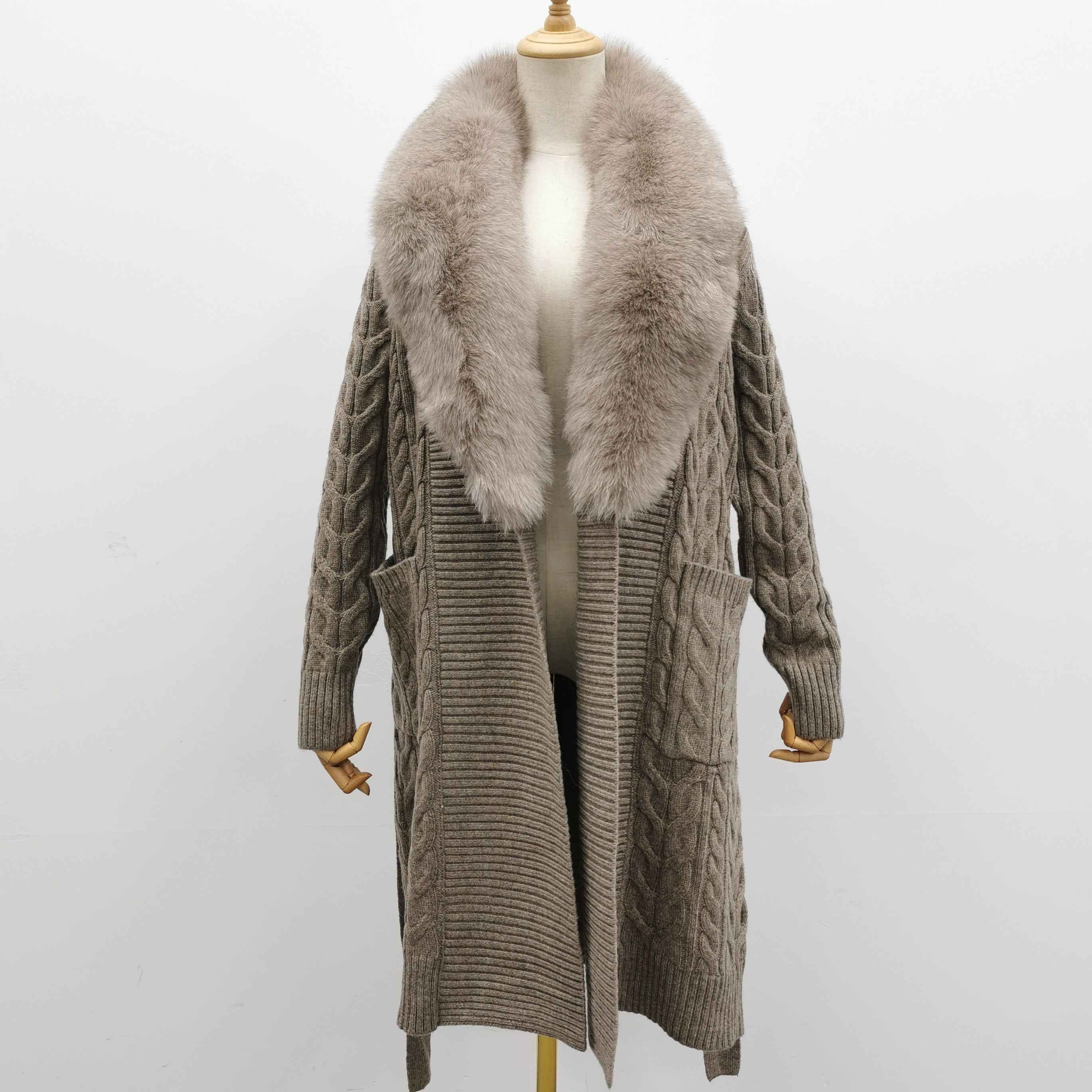 Women's Shawl Collar Knitted Coat with Fox Fur Collar & Self-Tie Belt - Luxe Winter Outerwear Beige F