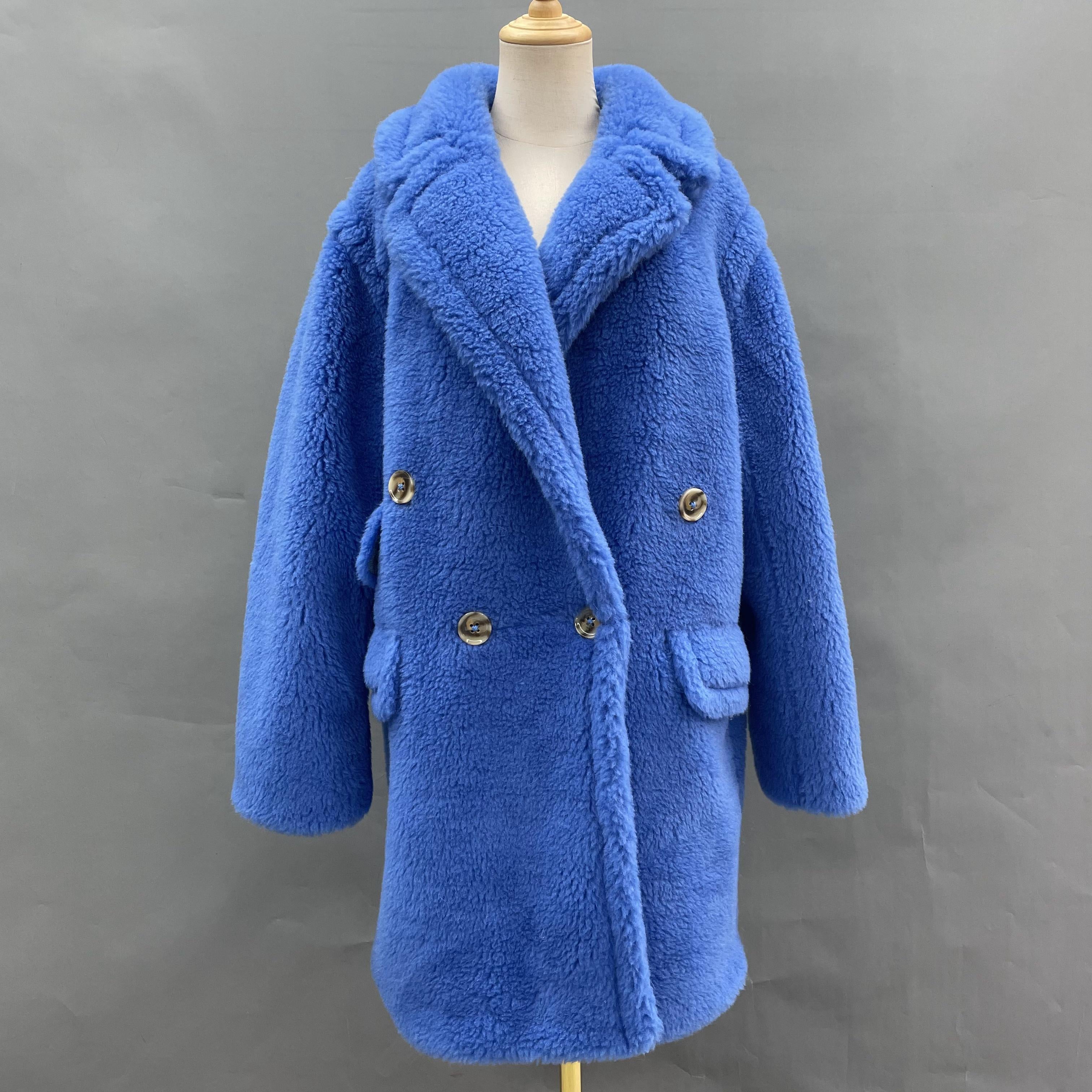 Women's Lime Green Sheepskin Shearling Coat with Asymmetric Pocket Flaps, Double-Breasted Notched Lapel - Luxe Winter Outerwear