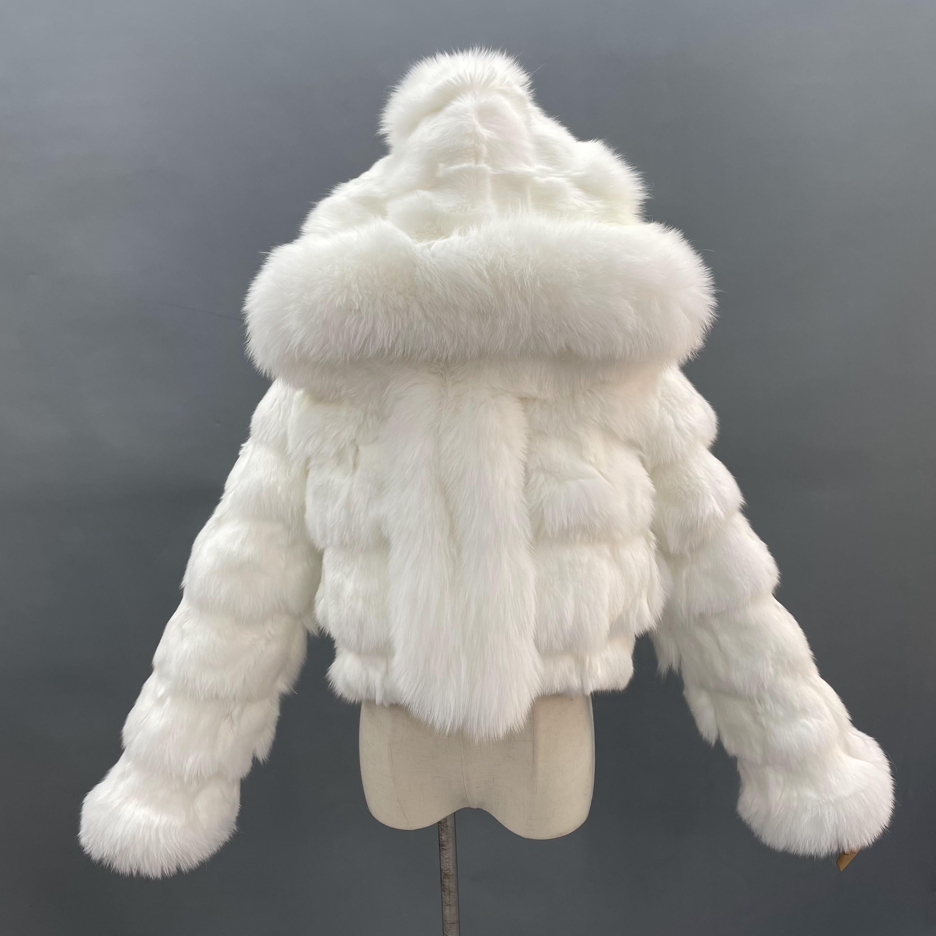 Luxury Women's Winter Short Fox Fur With Hooded Zipper Style Coat White Click chat with us