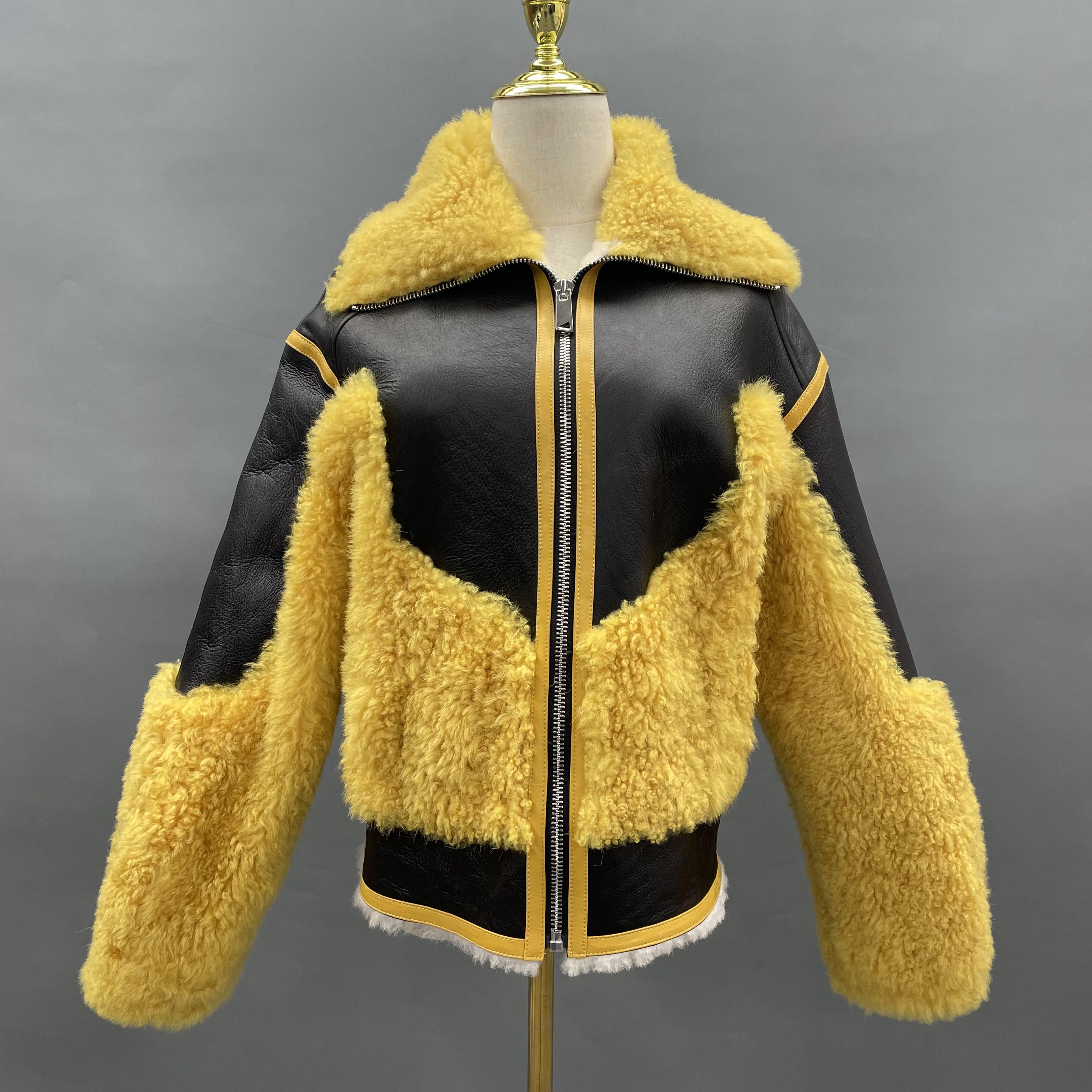 Women's Short Shearling Jacket with Bazaar-Style Notched Lapel, Black & Yellow Contrast & Zipper Front - Edgy Winter Outerwear