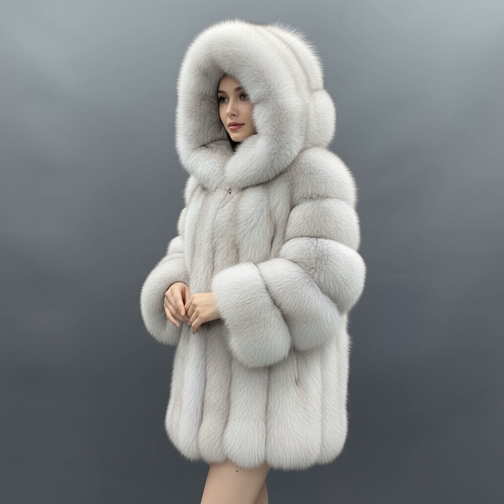 Women's Luxury White Fox Fur Hooded Coat - Vertical Stripe Body & 5-Panel Sleeves Winter Warm Jacket White