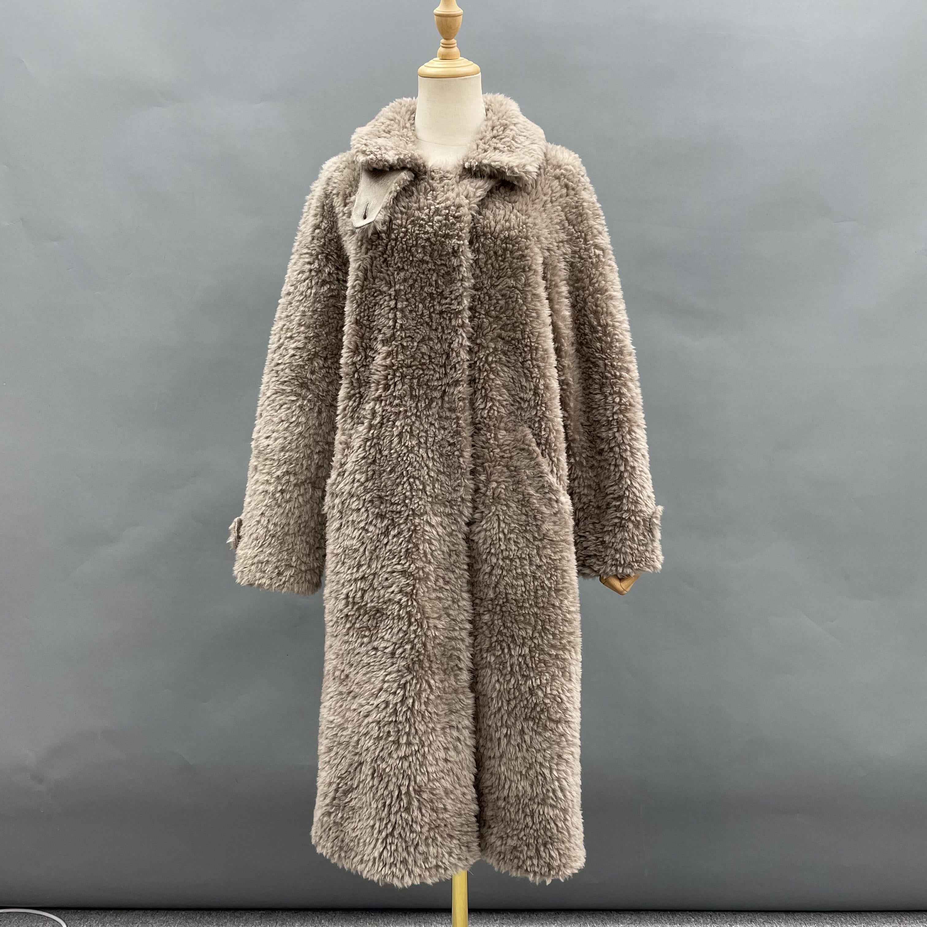 Women's Taupe Sheepskin Shearling Long Coat with Notched Lapel & Belted Waist - Luxe Winter Outerwear