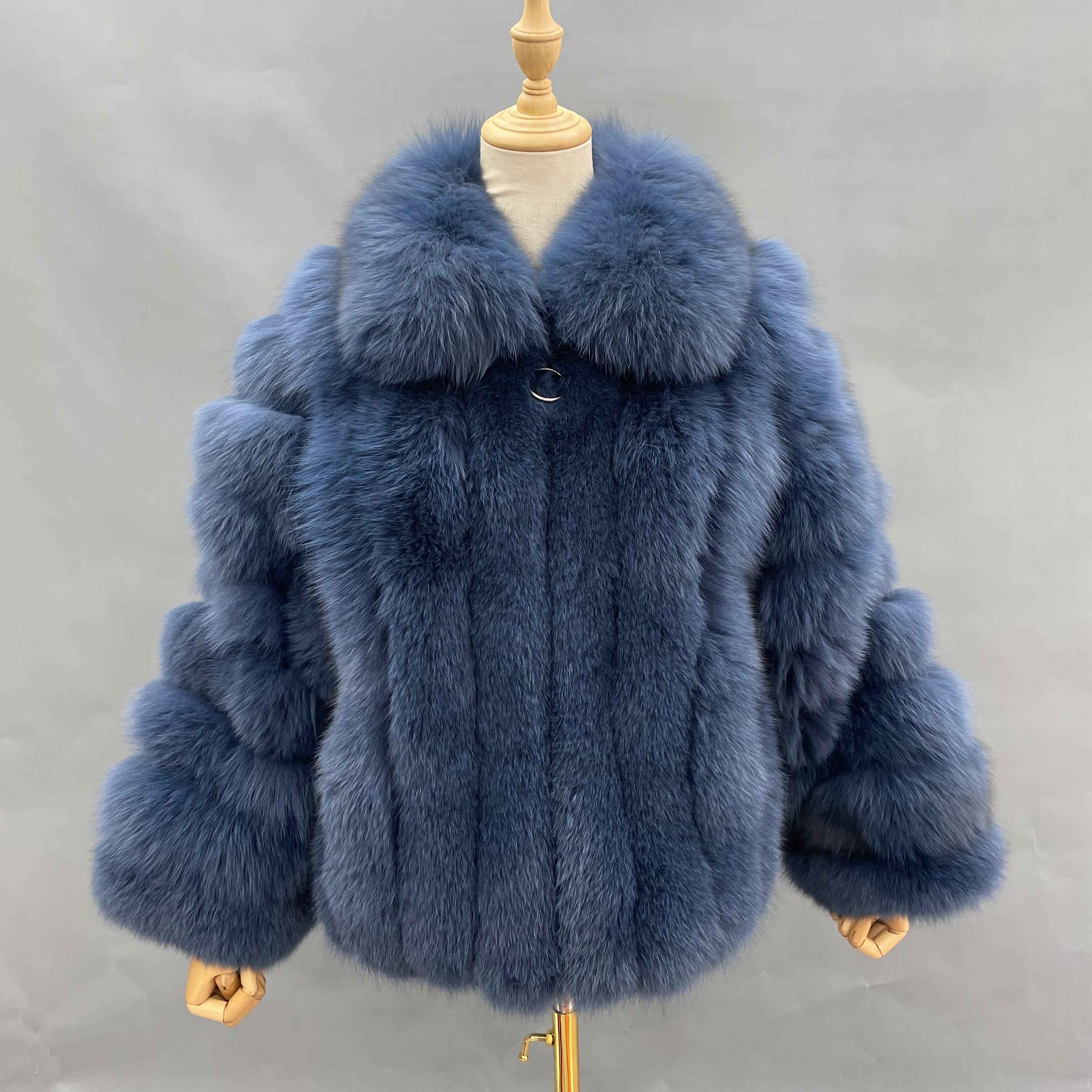 Women's Premium Plush Fox Fur Jacket - Notched Lapel with Vertical Stripe Design Winter Statement Outerwear