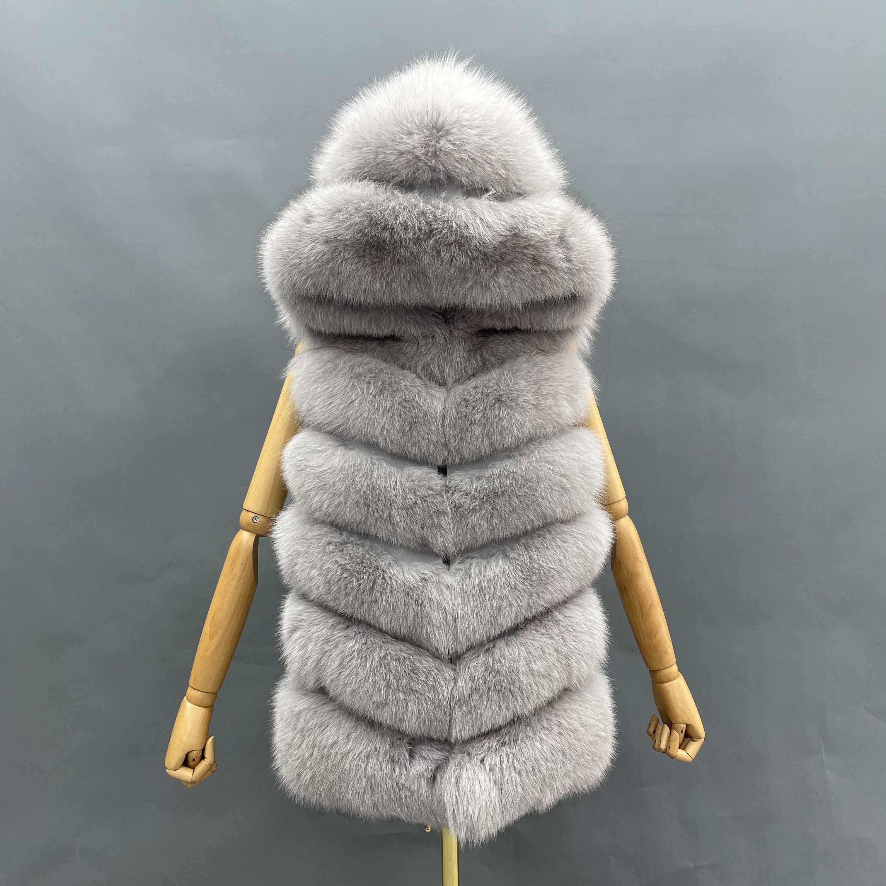 Women's 6-Panel Hooded Fox Fur Vest - Classic Versatile Winter Essential Outerwear Sliver