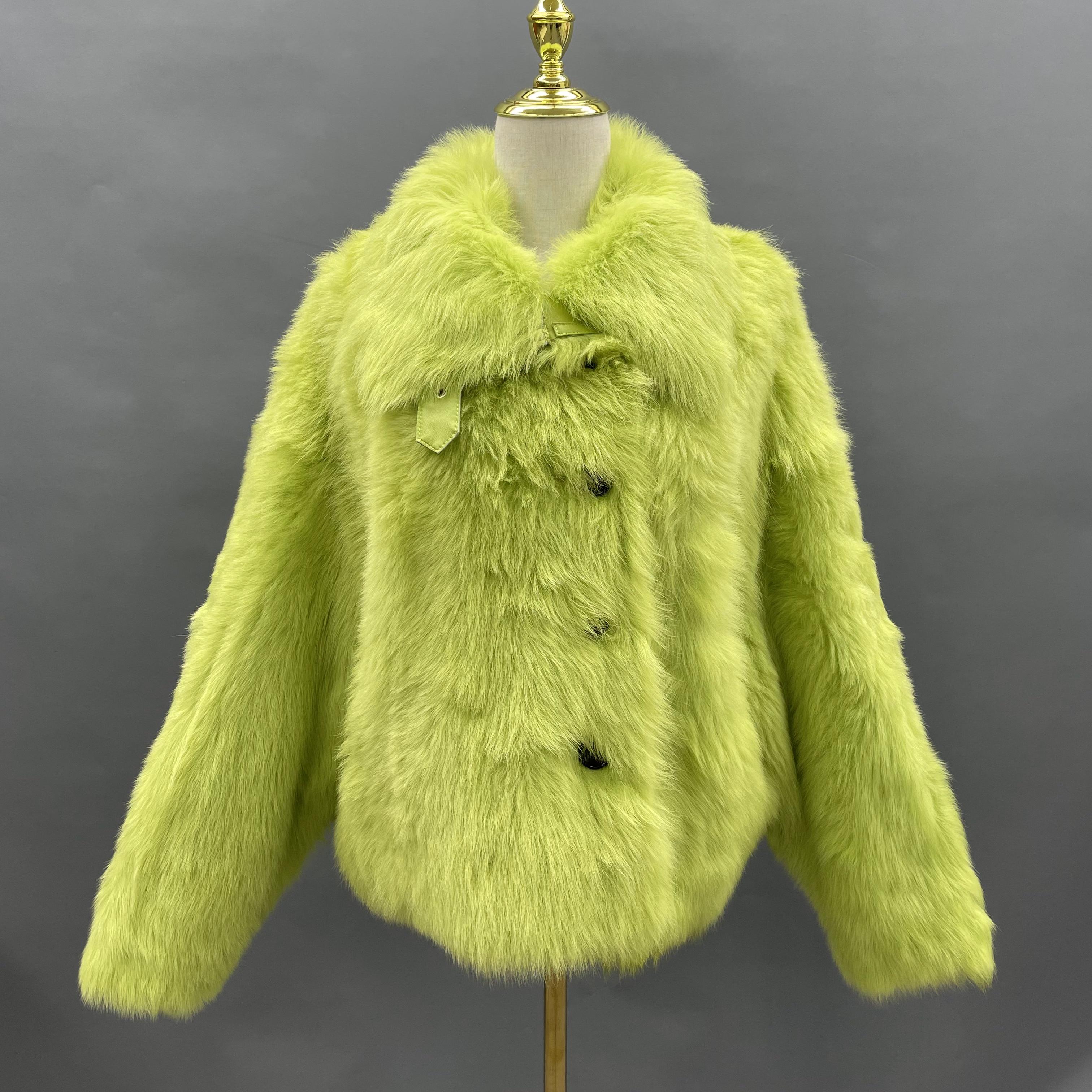 Women's Lime Green Toscana Shearling Jacket with Notched Lapel & Button Front - Luxe Winter Outerwear Green