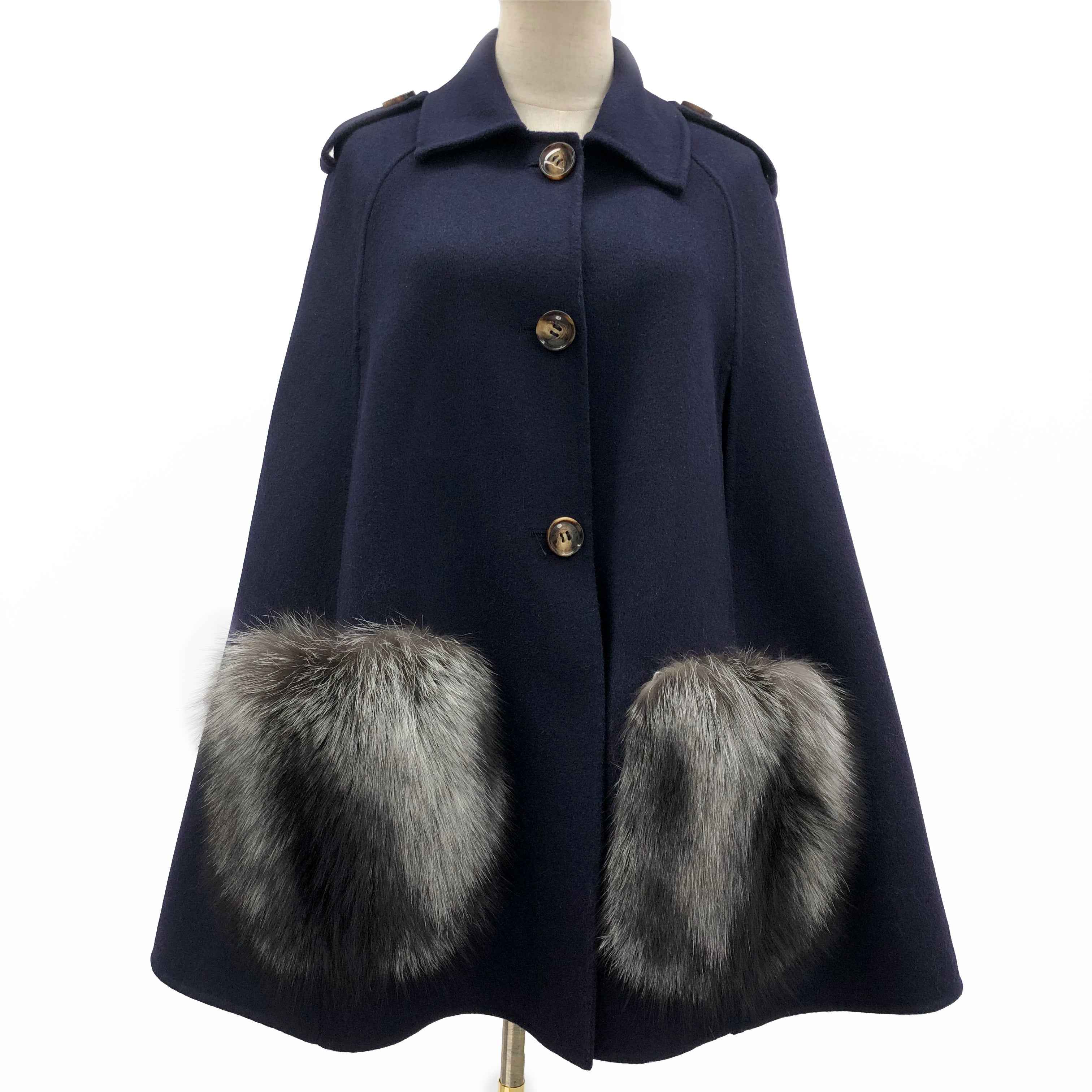 Women's Luxury Double - Faced Wool Cape with Fox Fur Pocket Trim, Elegant Winter Outerwear Black F-CHEST 130