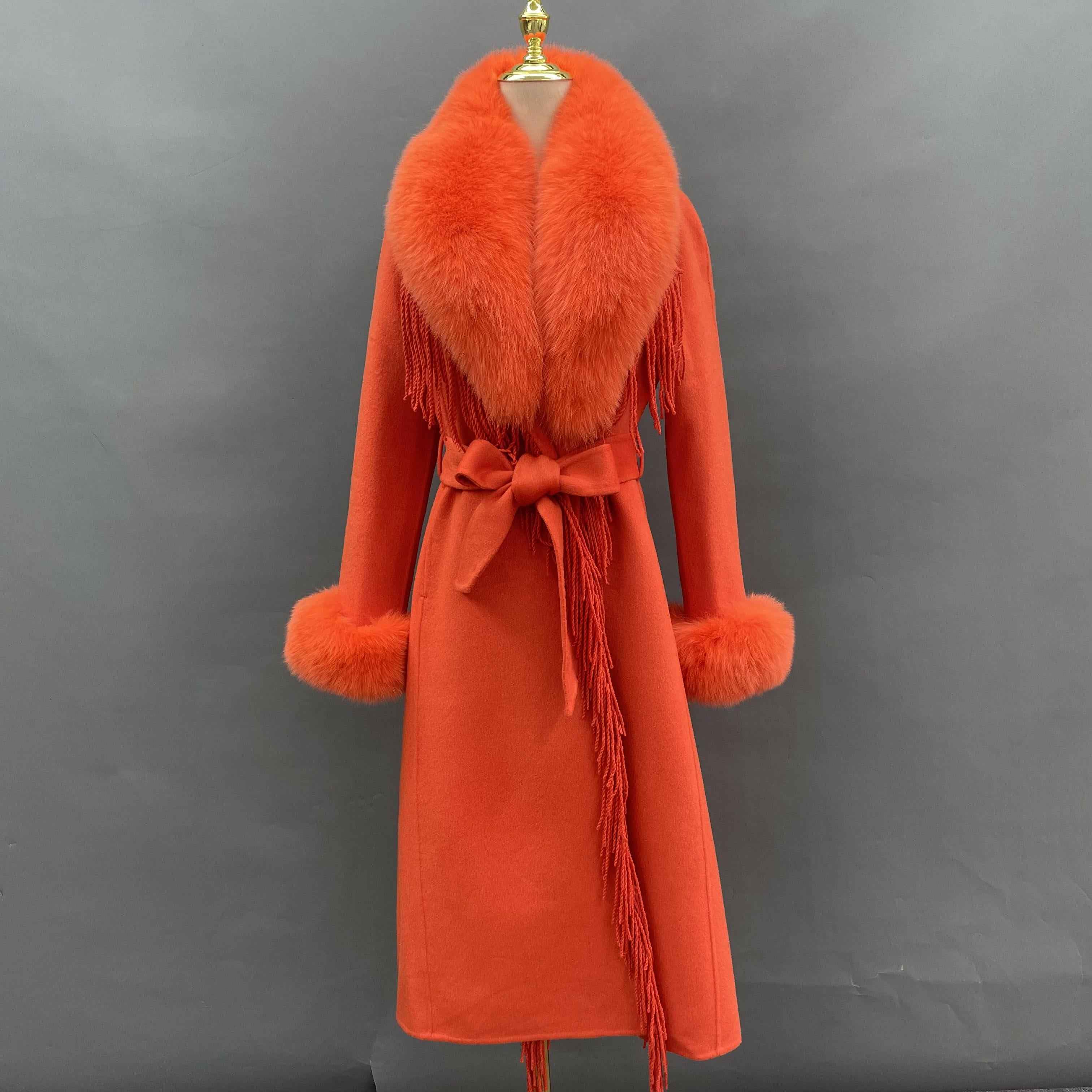 Women's Luxury Double - Faced Wool Coat with Fringe Detailing, Fox Fur Collar and Cuffs, Belted Elegant Winter Outerwear Orange