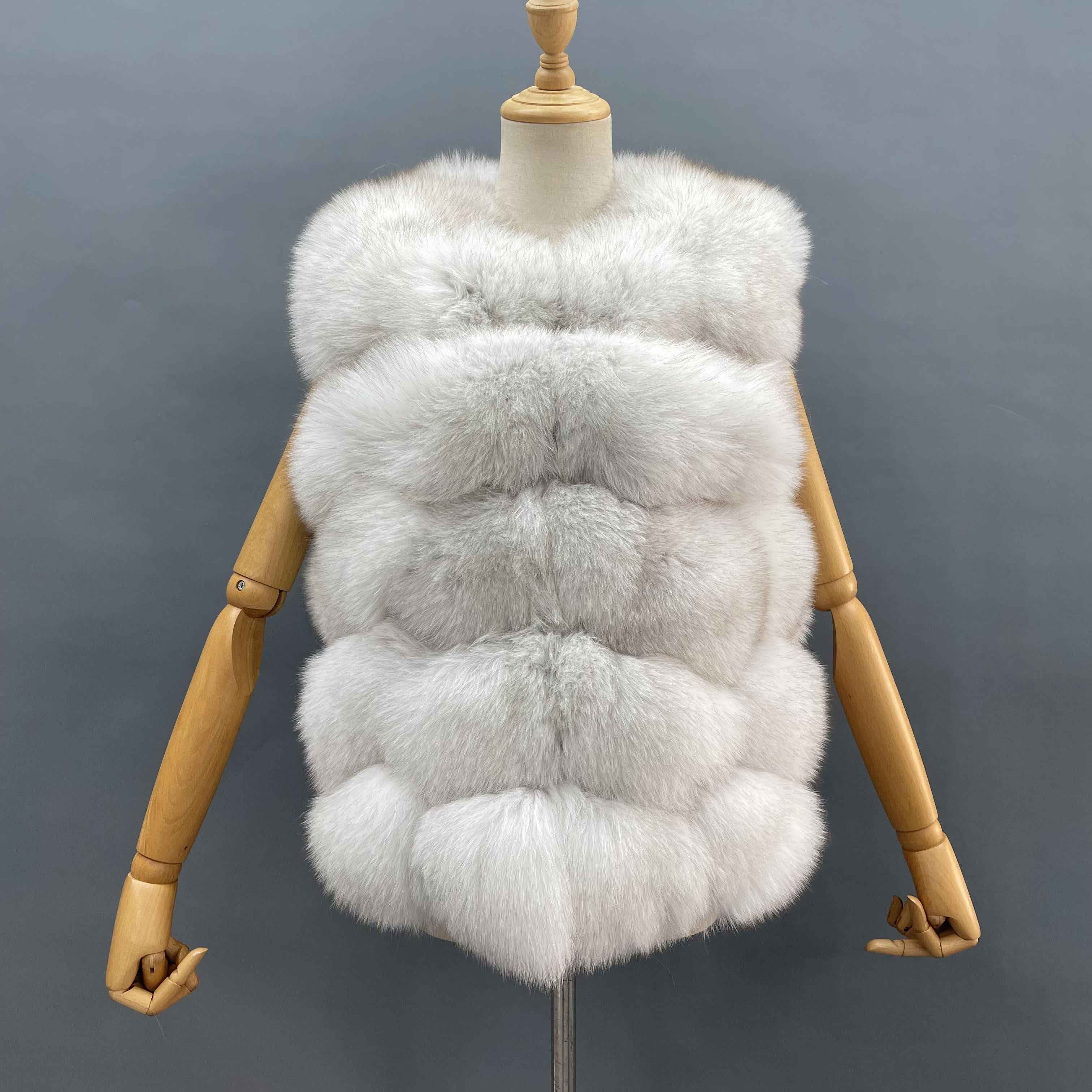 Women's 5-Panel Fox Fur Puffer Vest - Plush Bread-Style Luxury Outerwear White
