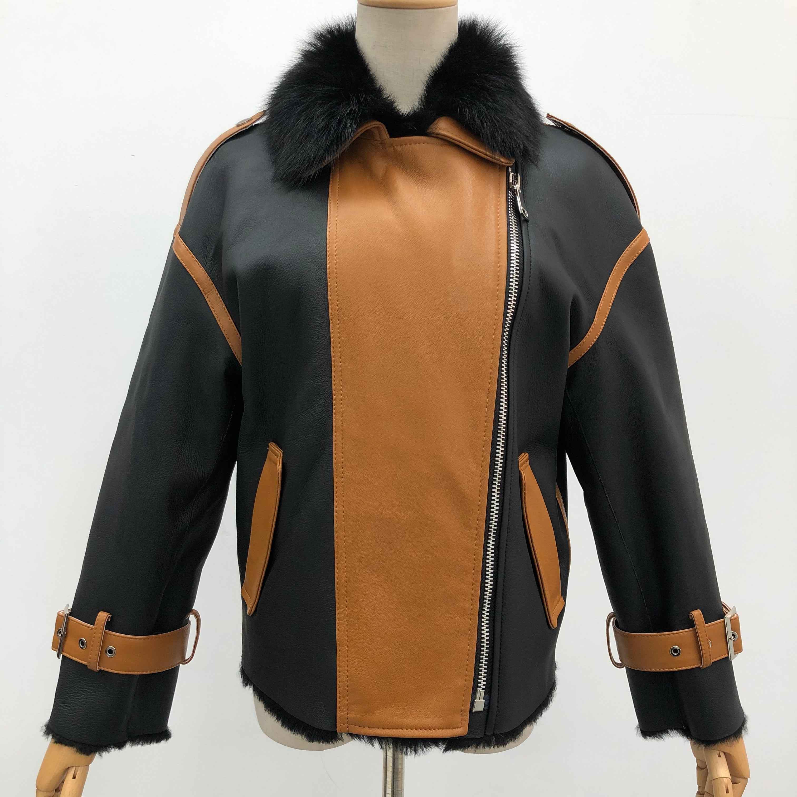 Women's Color-Block Toscana Shearling Asymmetric Biker Jacket with Fur Collar & Buckle Cuffs - Luxe Winter Outerwear