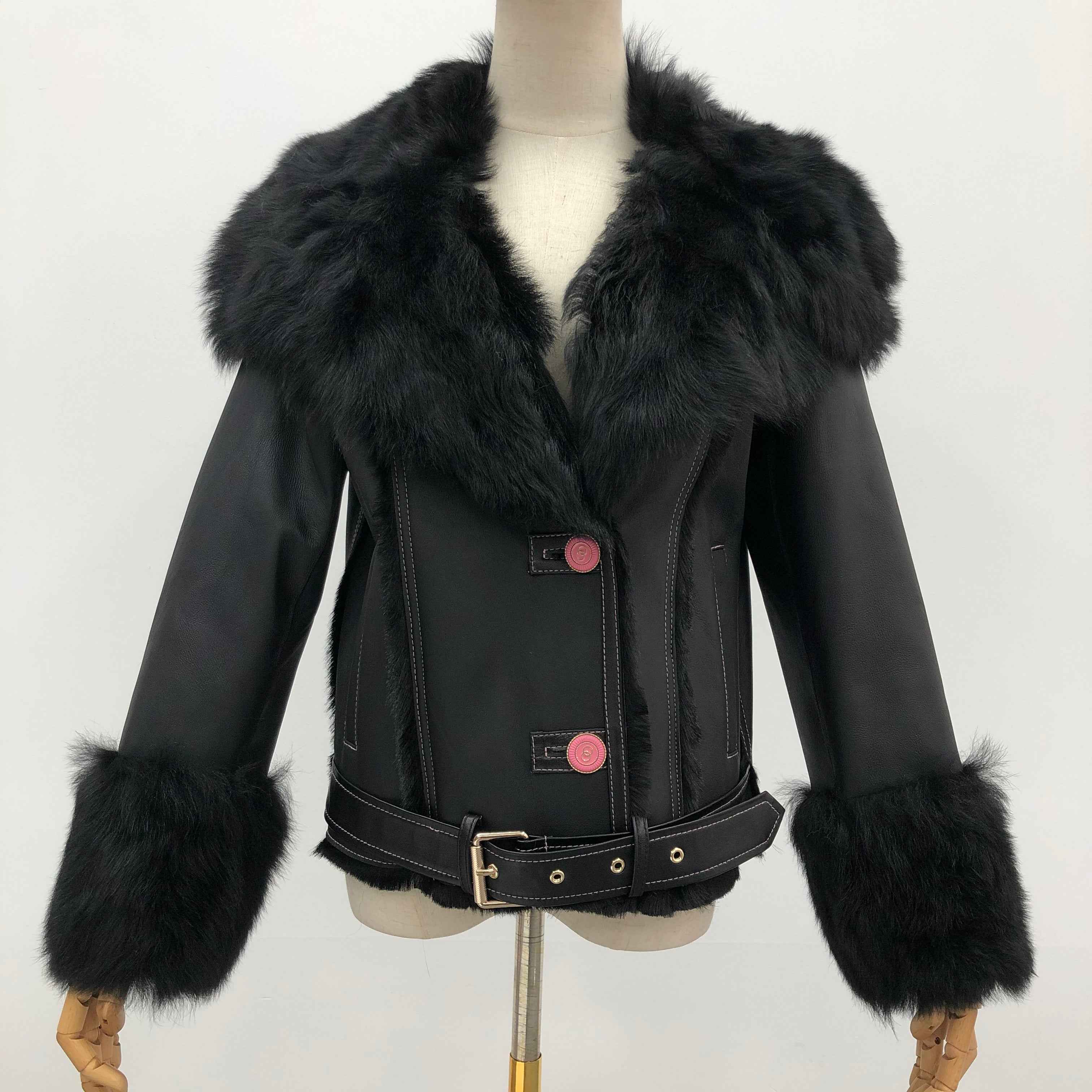Women's Toscana Shearling Jacket with Oversized Notched Lapel, Contrast-Colored Buttons, Fur-Trimmed Cuffs & Belted Waist - Luxe Winter Outerwear