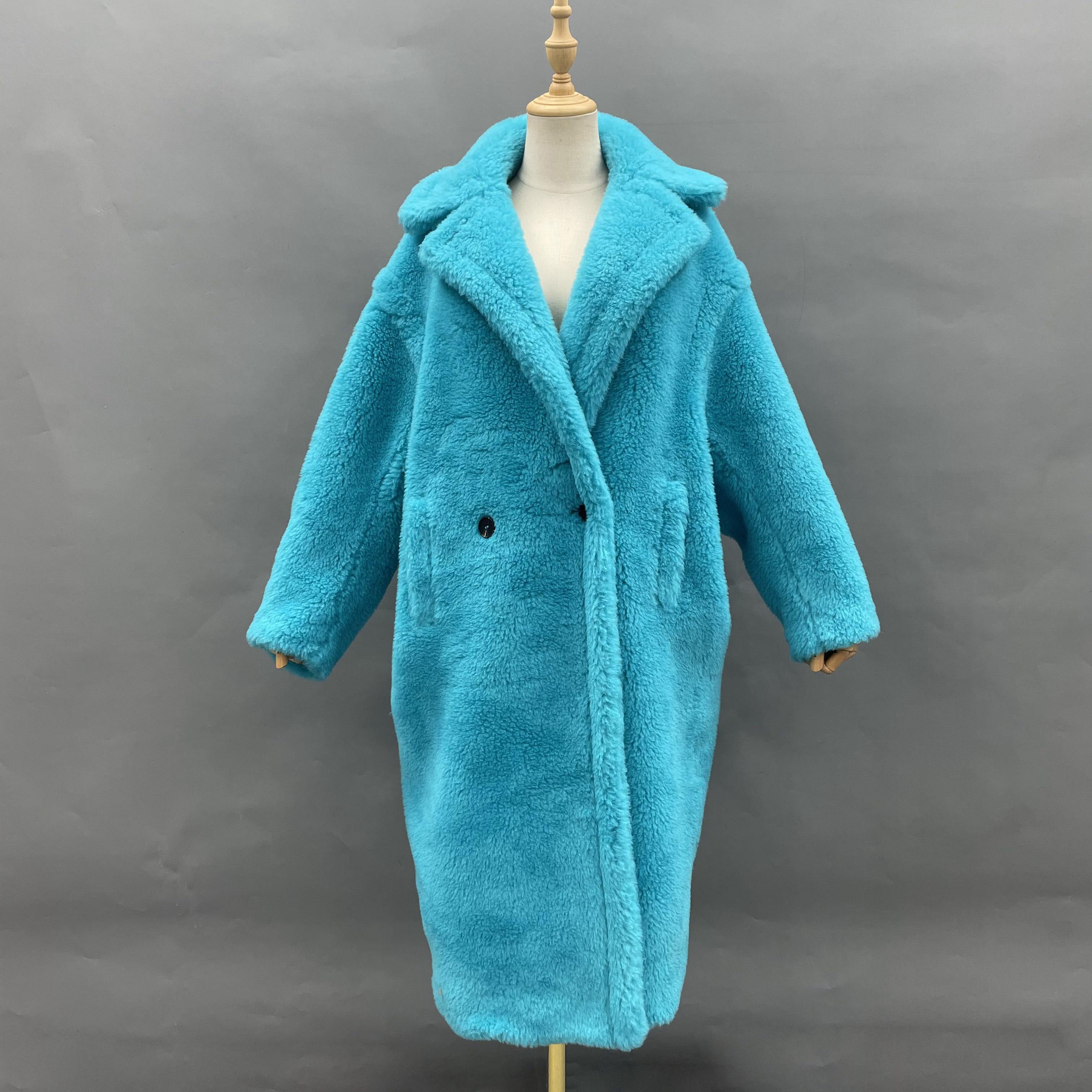 Women's Teddy Fleece Long Coat with Double-Breasted Notched Lapel - Luxe Winter Outerwear