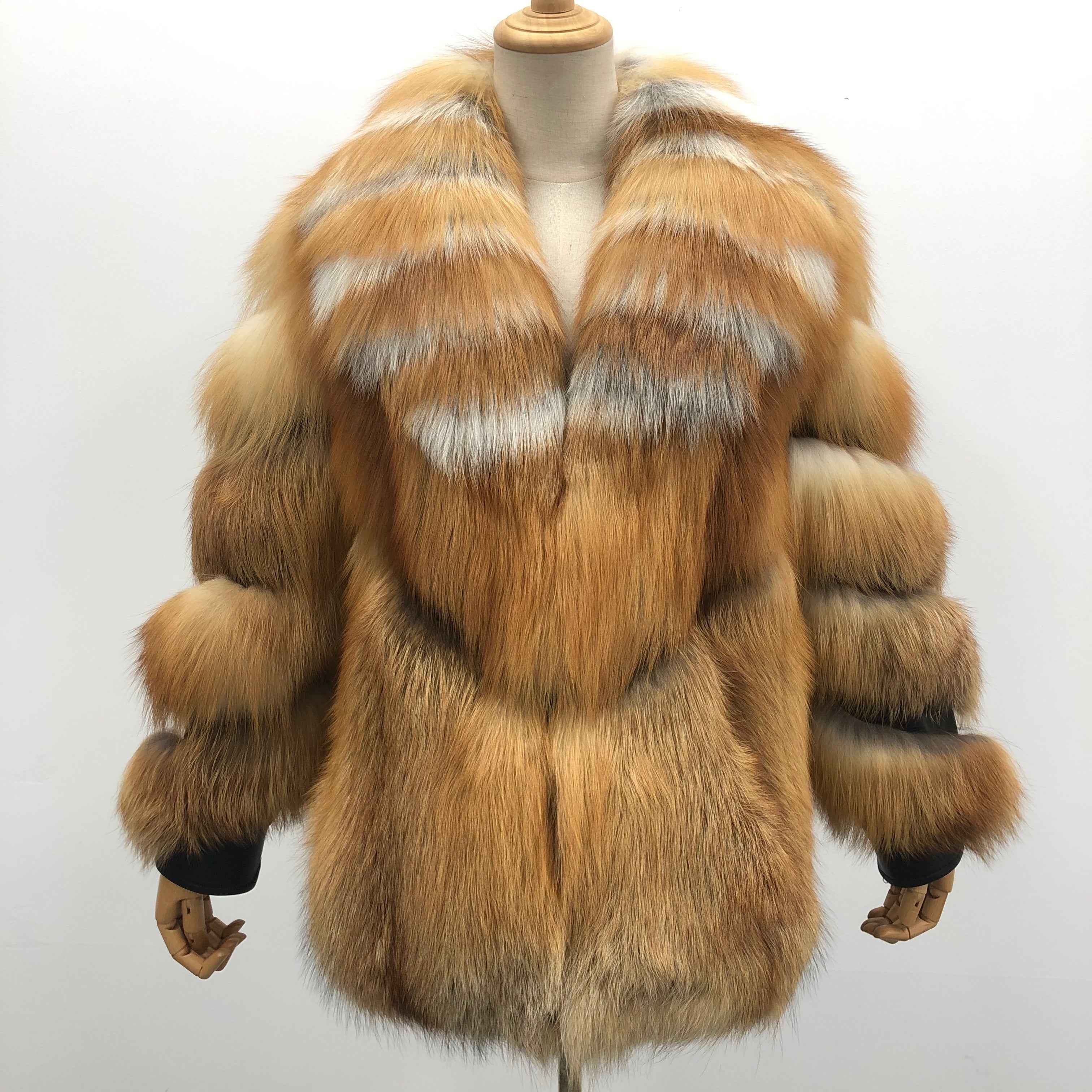 Red Fox Fur Coat with Oversized Luxe Collar – Winter Elegance Outerwear Red Fox